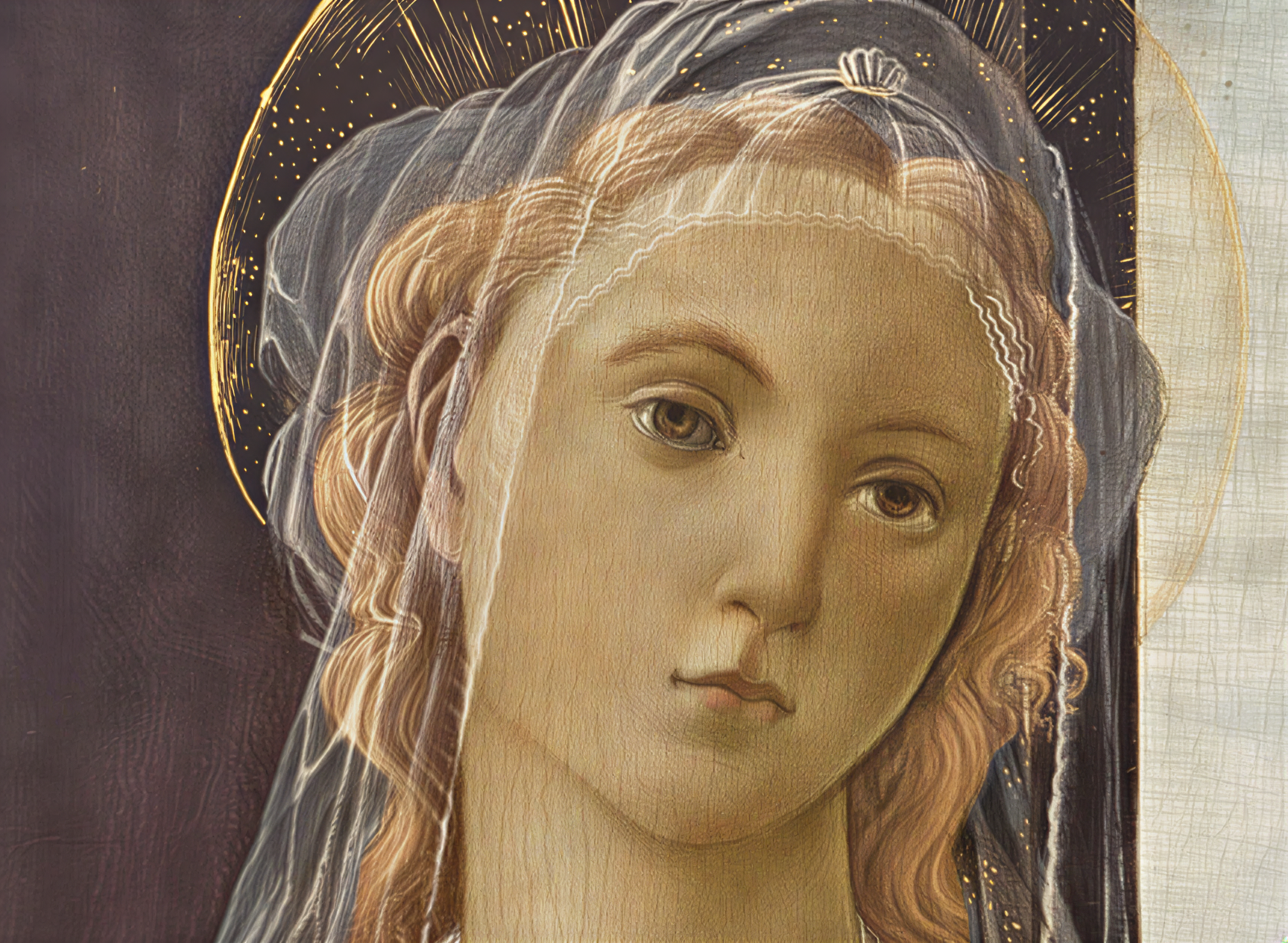 Détail d'une peinture de la Renaissance, représentant un visage féminin avec un halo doré, symbolisant la beauté et la spiritualité.