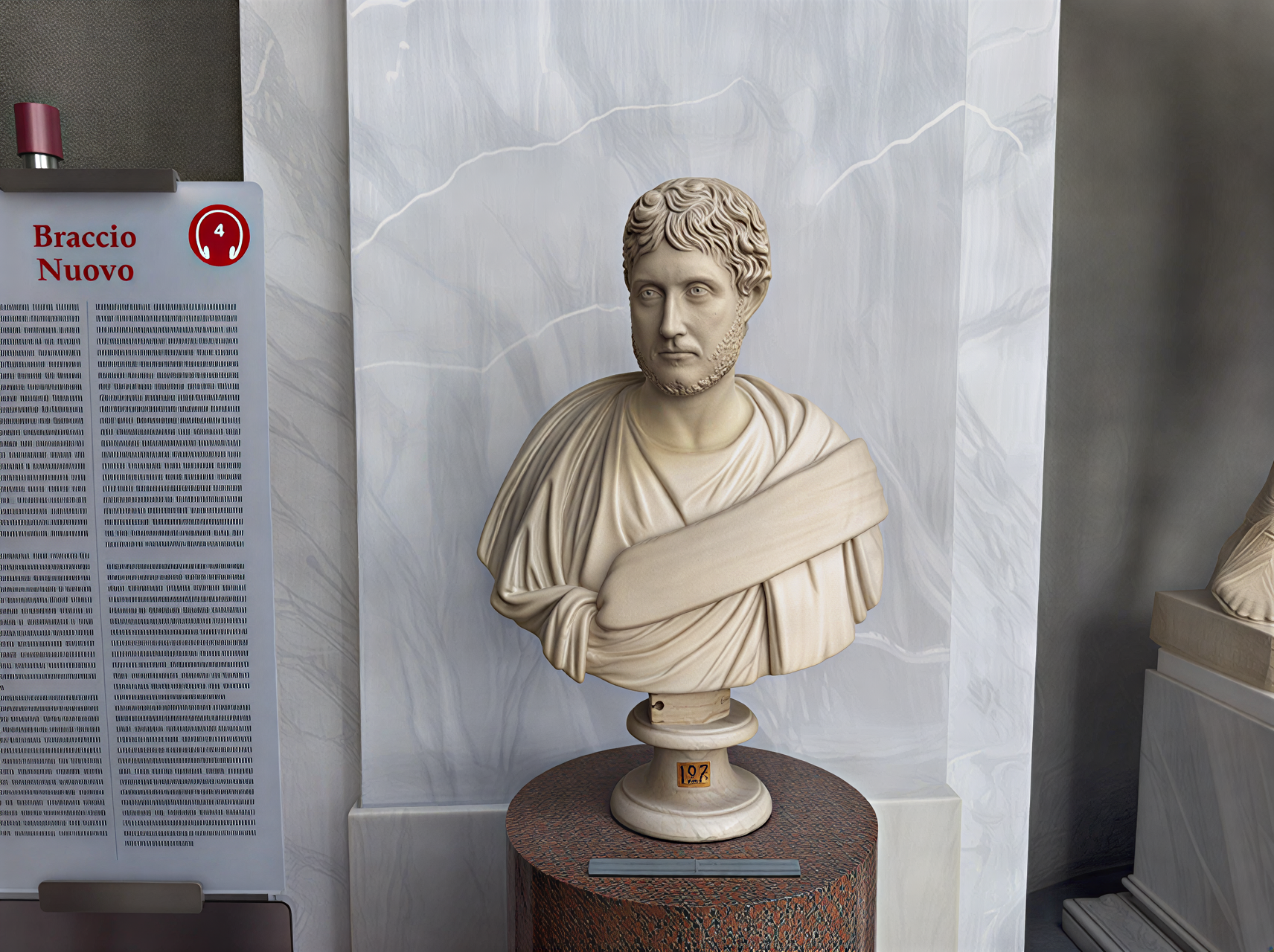 Buste antique exposé dans les Musées du Vatican, mettant en avant la finesse de l'art sculptural et l'histoire de l'Antiquité.