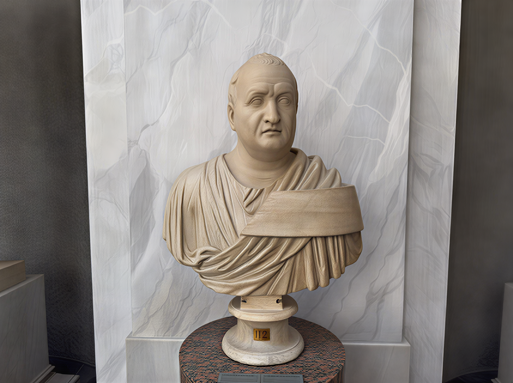 Buste en marbre d'un personnage antique, exposé aux Musées du Vatican, illustrant l'art classique et le réalisme sculptural.