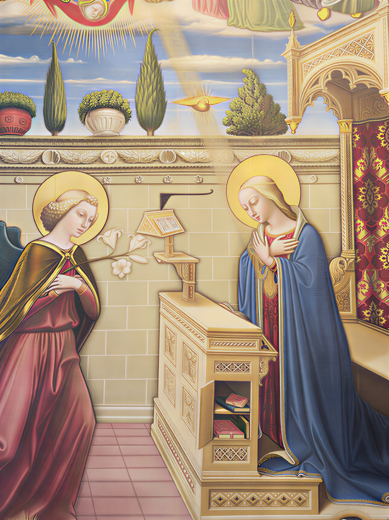 Détail d'une œuvre de l'Annonciation, illustrant la Vierge Marie et l'ange Gabriel dans un décor Renaissance coloré.