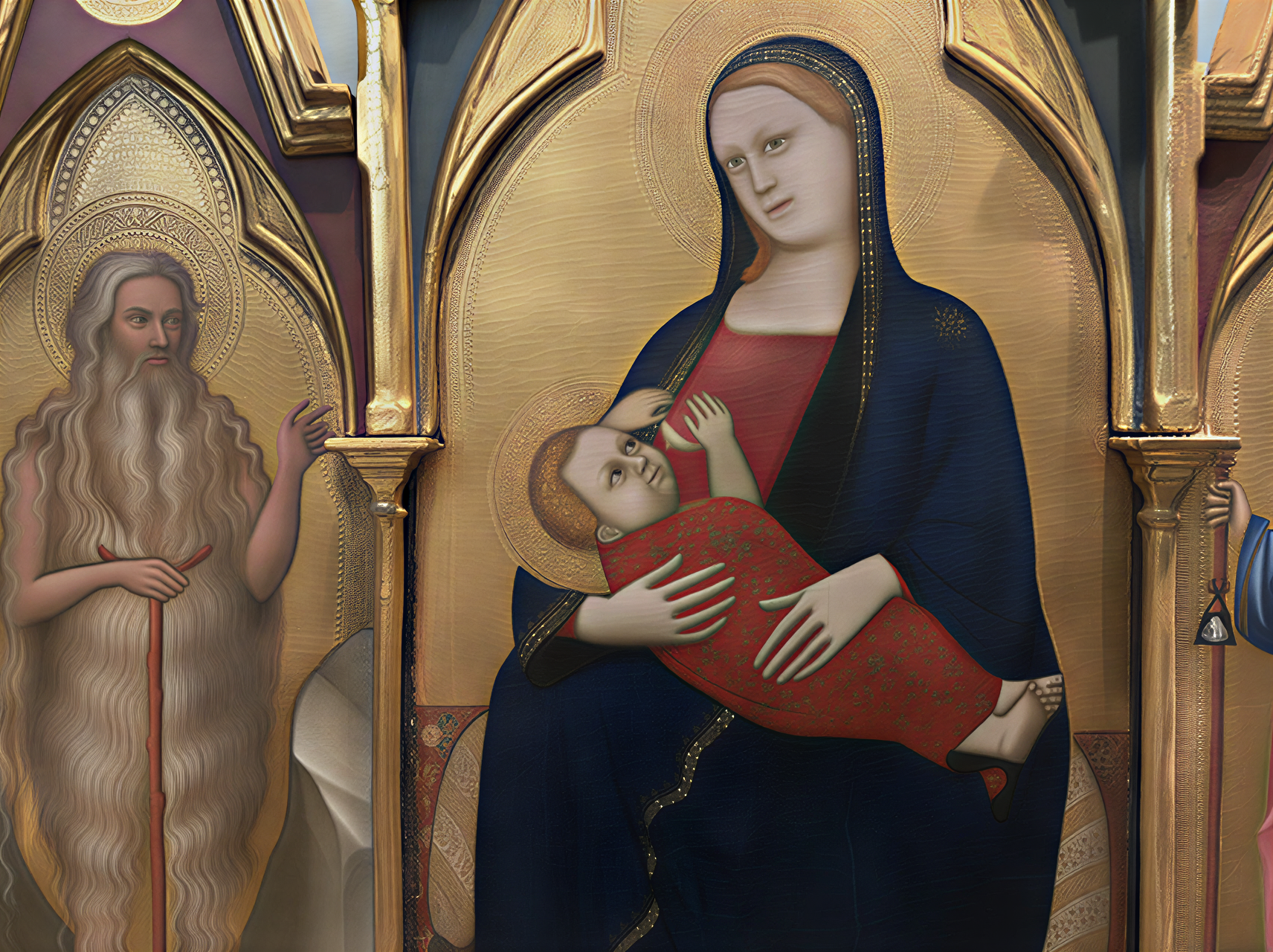 Détail d'une peinture de la Renaissance représentant la Madone tenant l'Enfant Jésus, mettant en avant la richesse des couleurs et des émotions.