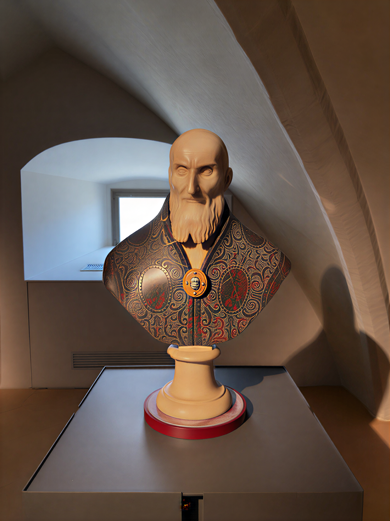 Buste sculpté représentant un personnage historique, exposé à la Galleria Nazionale dell'Umbria, mettant en avant l'art de la Renaissance italienne.