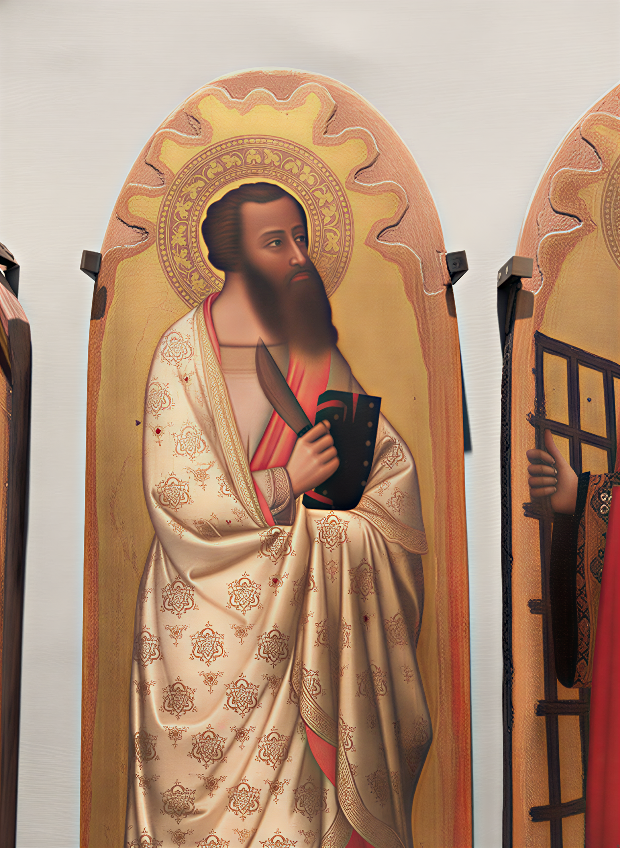 Détail d'un portrait sacré de la Renaissance, mettant en avant la richesse des textures et la profondeur spirituelle de l'œuvre.