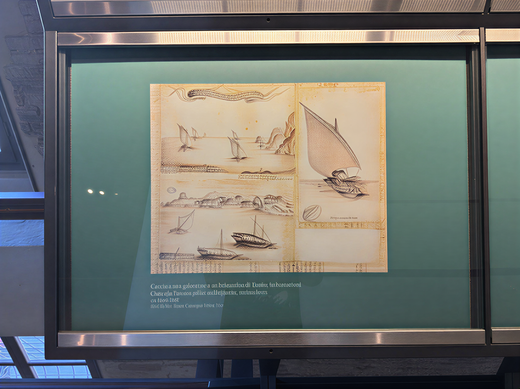 Esquisse maritime du XVIIe siècle illustrant des embarcations et des paysages côtiers, exposée au Museo dell'Opera del Duomo à Pise, révélant l'héritage maritime toscan.