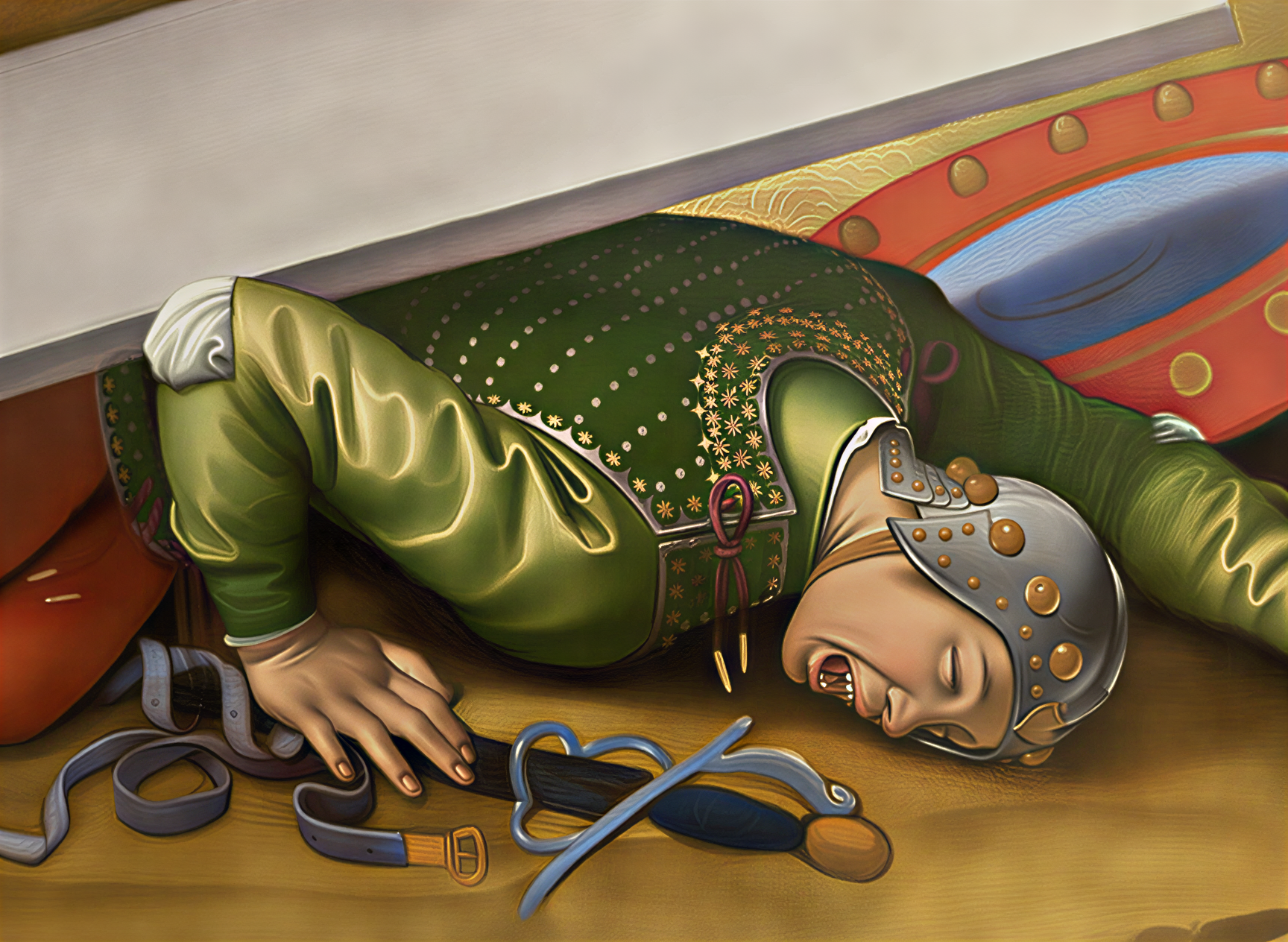 Détail d'une peinture de la Renaissance montrant un guerrier vaincu au sol, illustrant la tragédie et l'émotion humaine.
