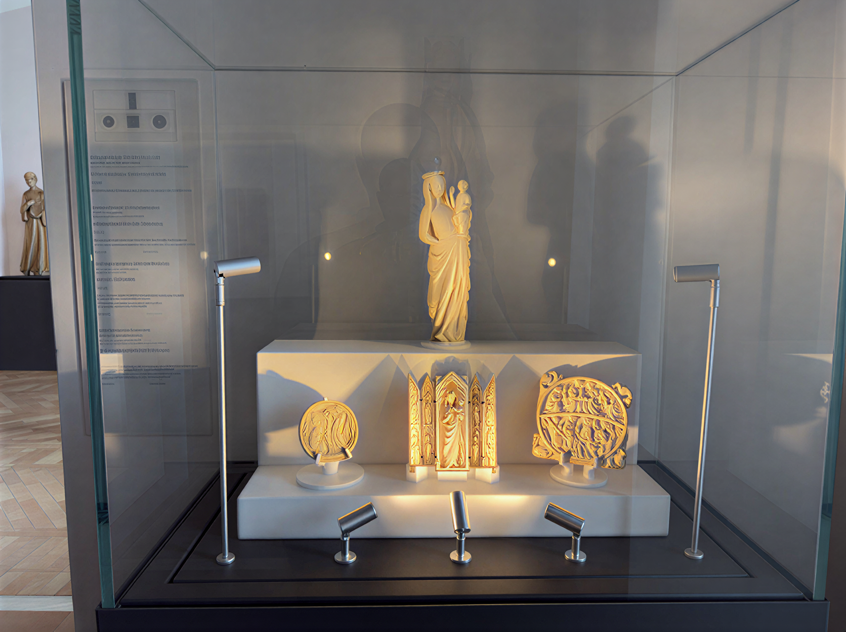 Vitrine d'exposition à la Galleria Nazionale dell'Umbria, Pérouse, présentant des sculptures et objets d'art de la Renaissance italienne, illustrant la richesse culturelle de l'Ombrie.