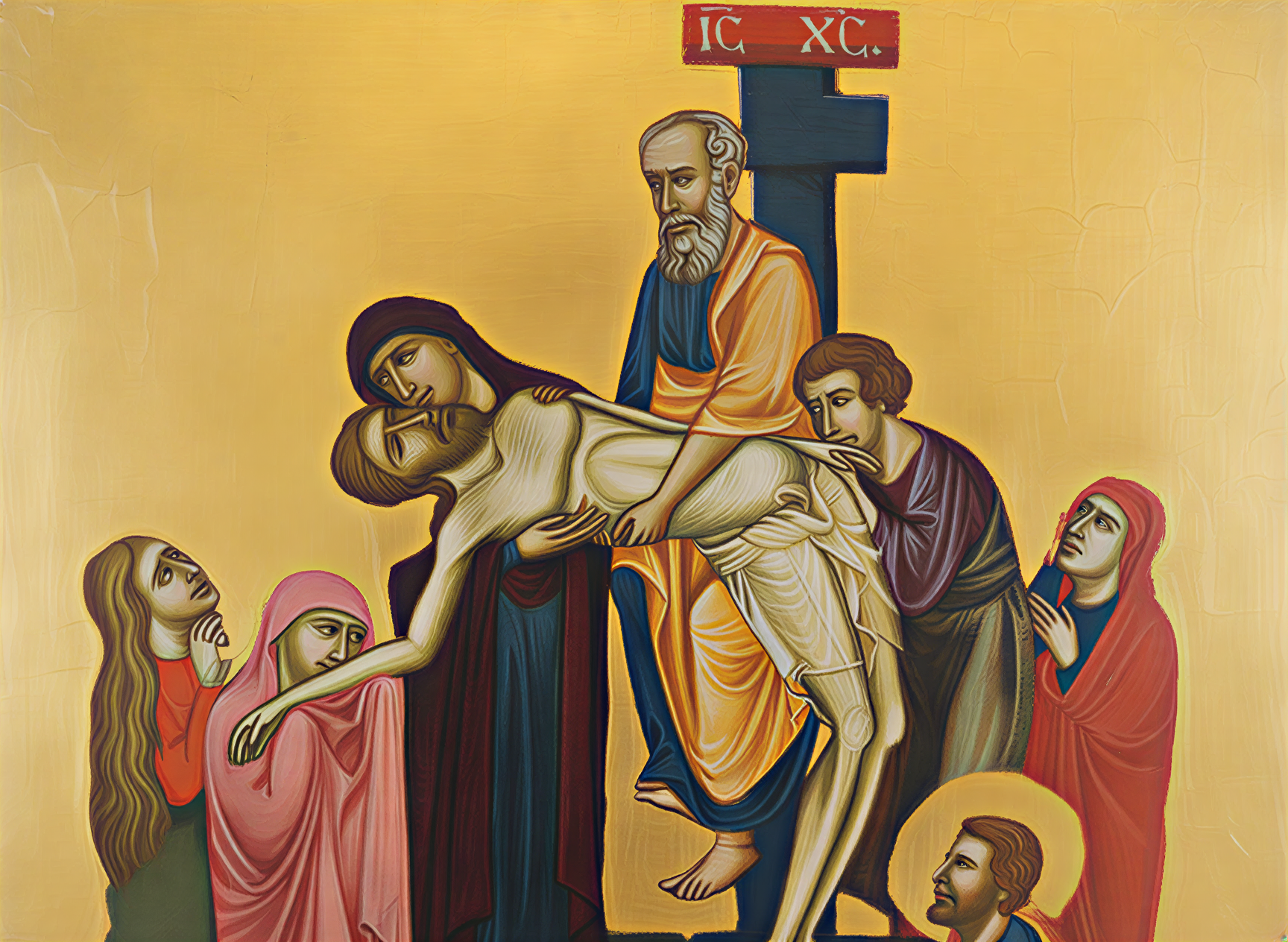 Détail de la Pietà Umbra, montrant la Vierge Marie tenant le Christ, entourée de figures en prière, Galleria Nazionale dell'Umbria, Pérouse, Italie.