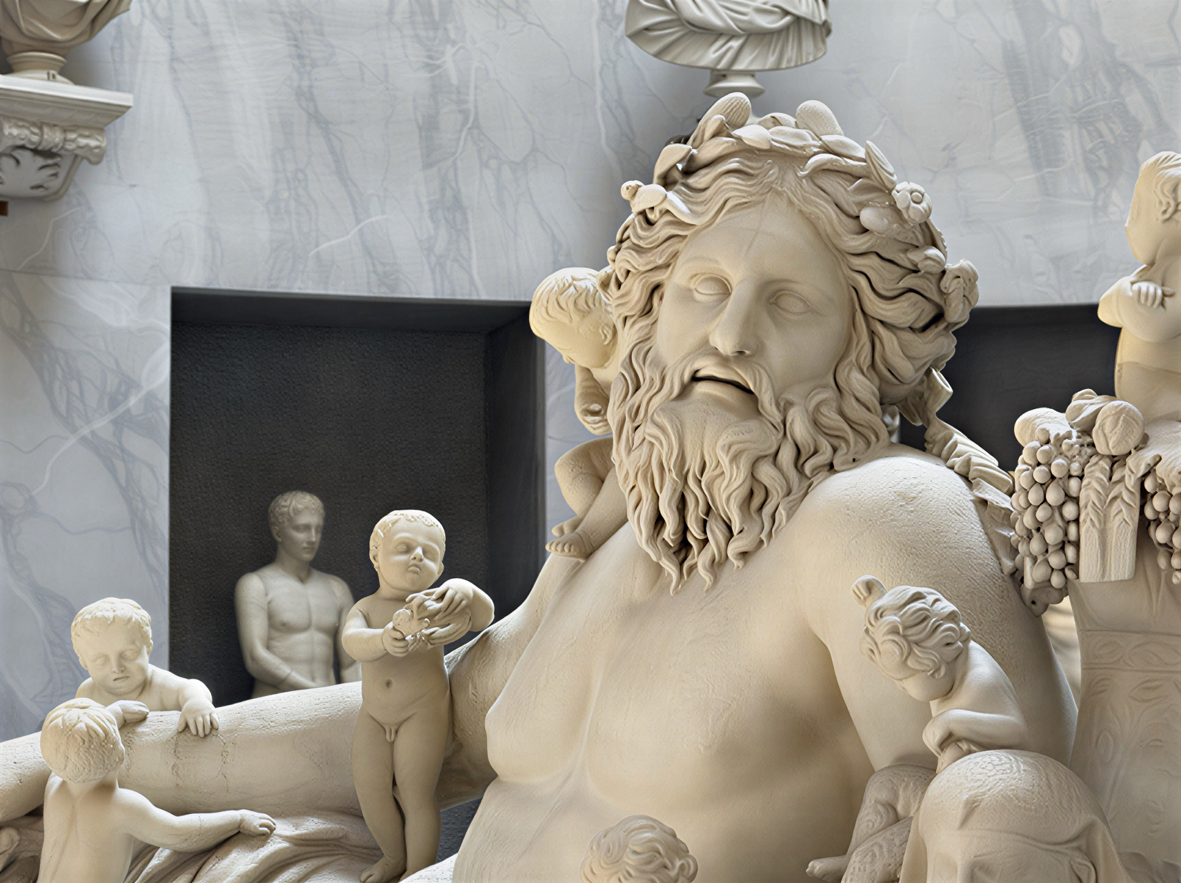 Sculpture d'une divinité entourée d'enfants, illustrant la fertilité et la joie, exposée aux Musées du Vatican.