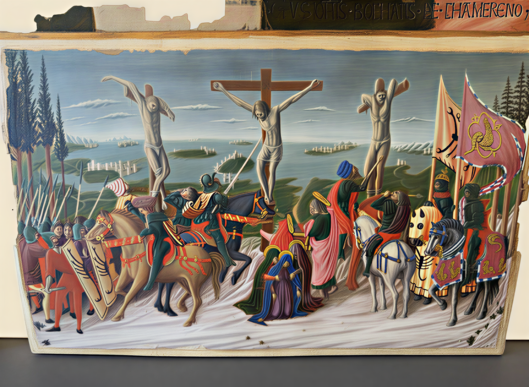 Peinture de la crucifixion représentant des soldats et des personnages en costumes médiévaux, illustrant la richesse de l'art de la Renaissance italienne.