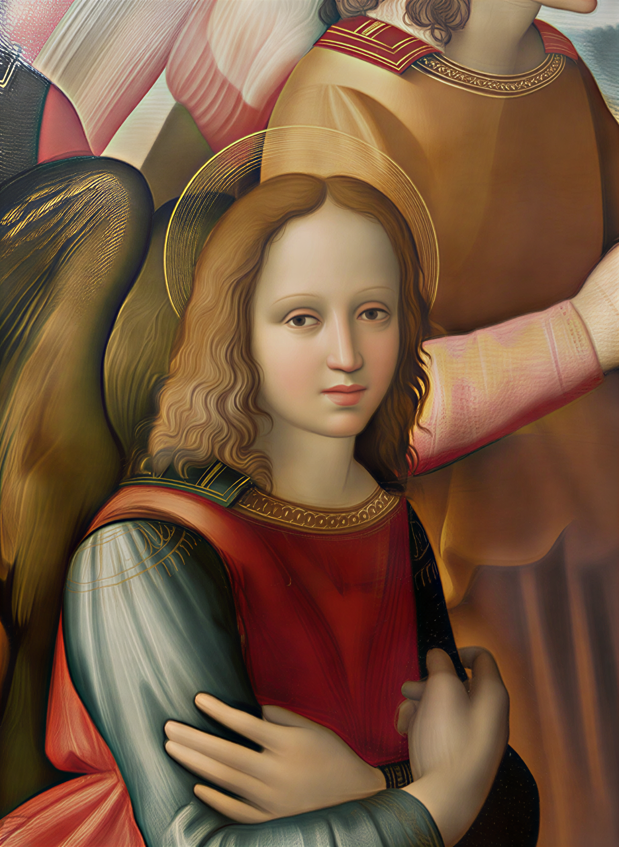 Détail d'une peinture de la Renaissance représentant un ange avec des traits délicats et un vêtement richement orné.