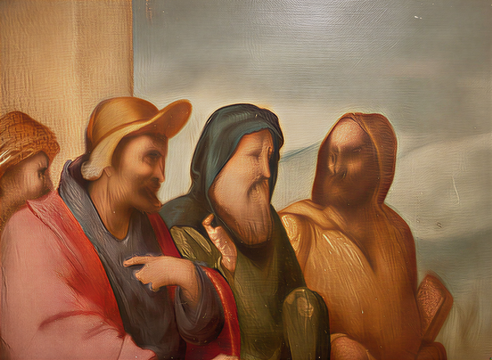 Détails d'une œuvre Renaissance montrant des personnages en conversation, Galleria dell'Accademia, Florence, Italie.