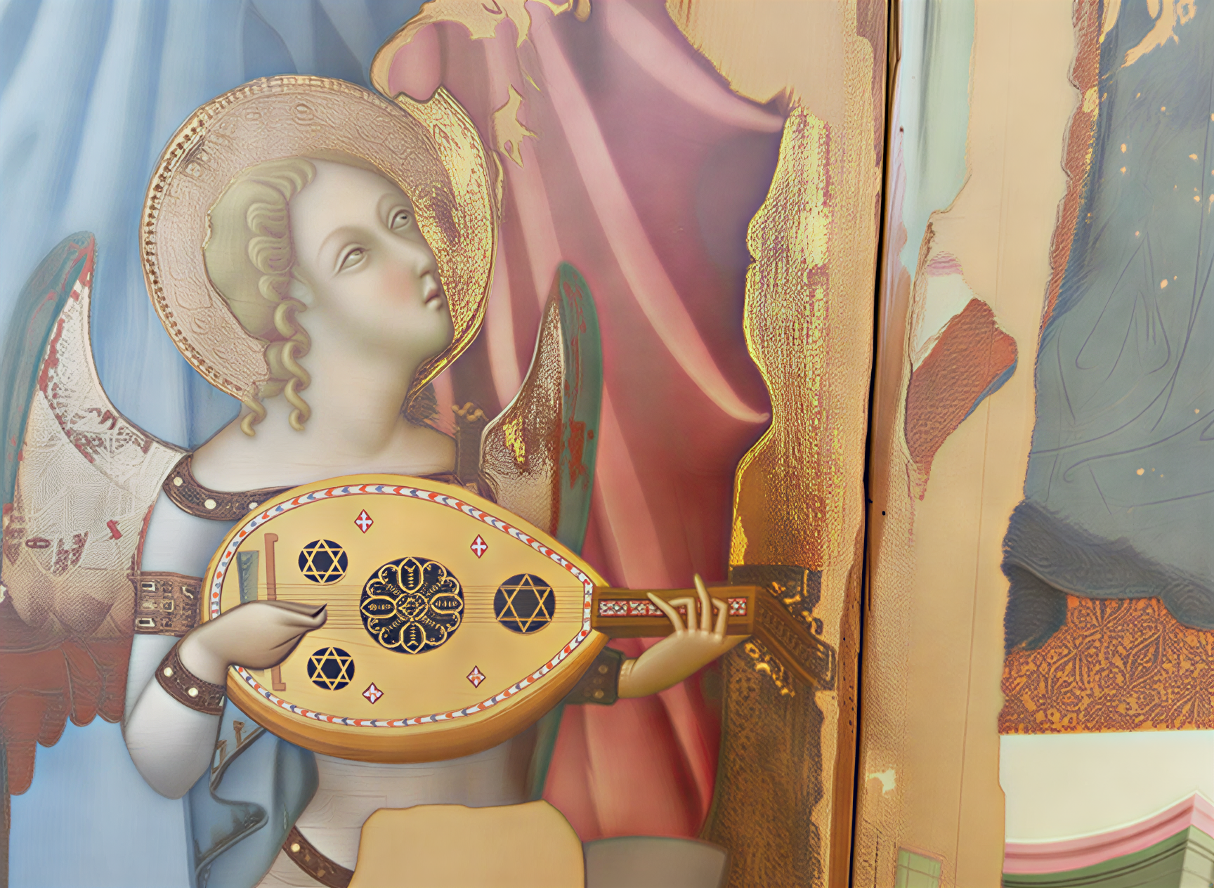 Détail d'un ange jouant de la luth, œuvre de la Renaissance italienne, Galleria Nazionale dell'Umbria, Pérouse, Italie