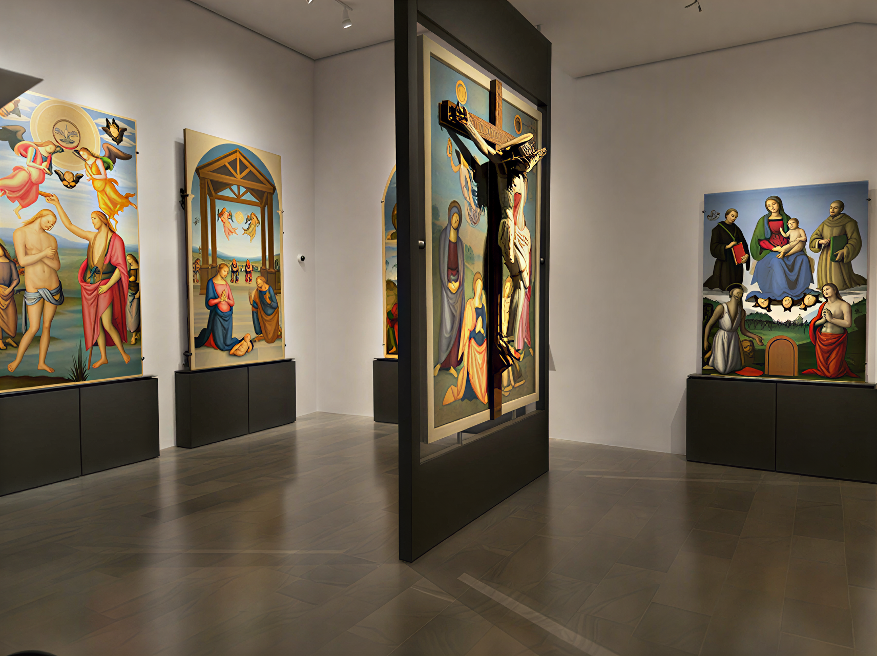 Vue intérieure de la Galleria Nazionale dell'Umbria, présentant des œuvres de la Renaissance italienne dans un cadre moderne.