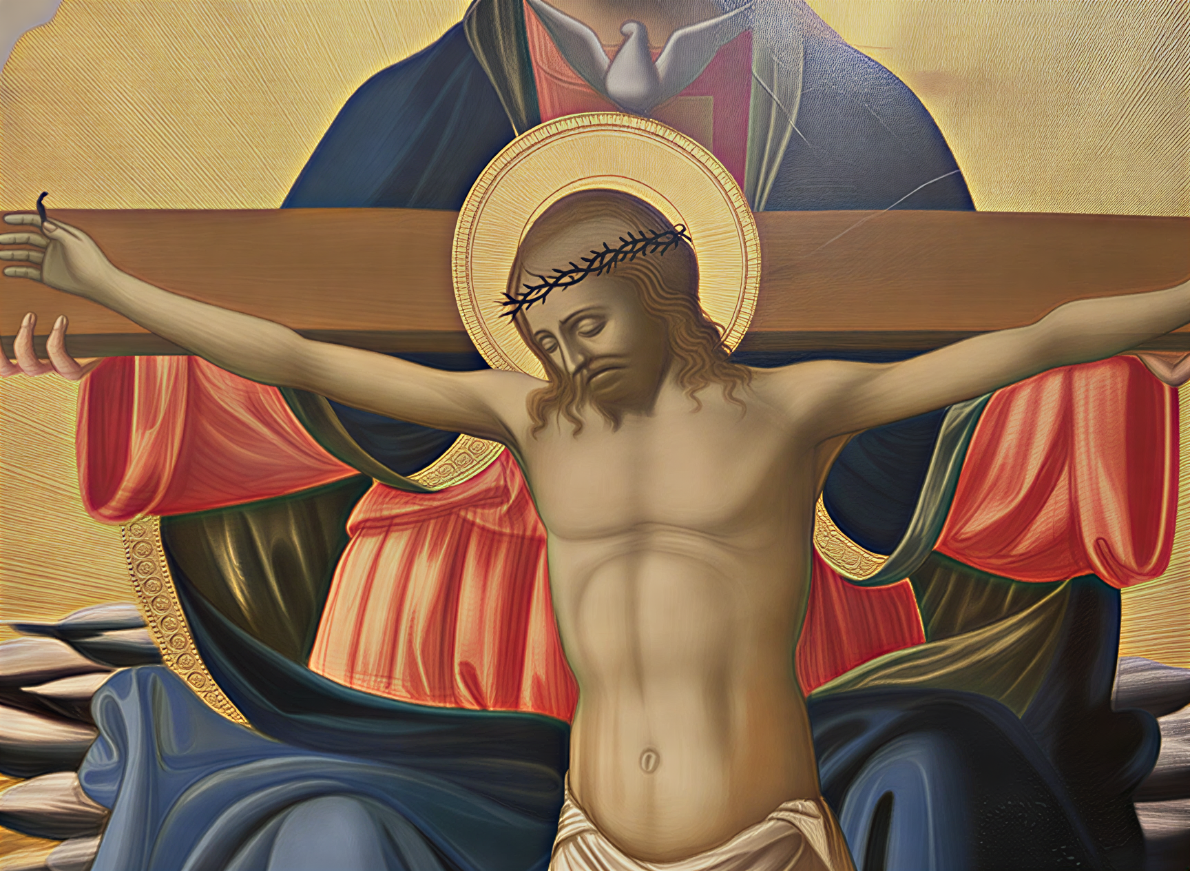 Détail d'une œuvre représentant la crucifixion du Christ, avec une attention particulière aux expressions et aux drapés, typique de l'art de la Renaissance.