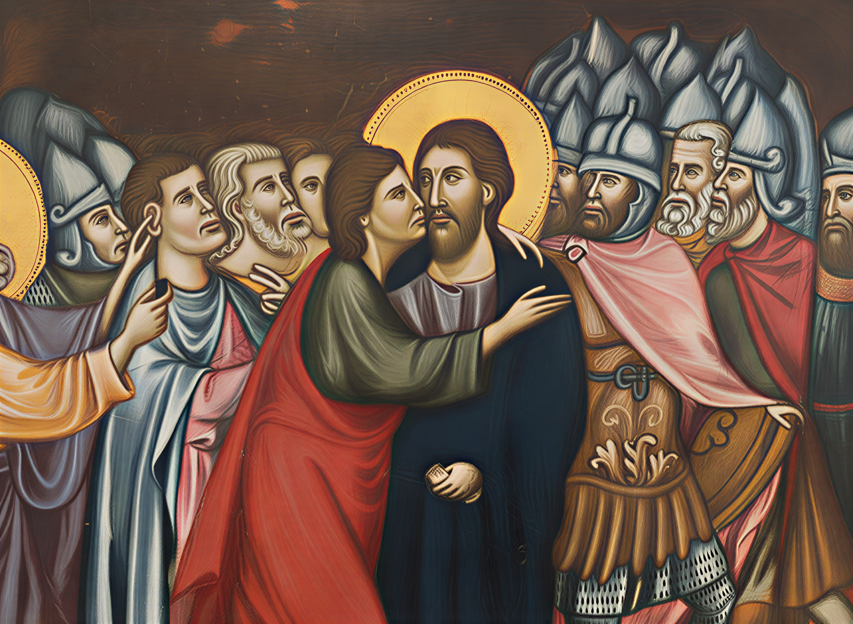 Peinture représentant le Baiser de Judas, illustrant la trahison de Jésus par Judas, avec des détails vibrants et une utilisation dorée de la lumière.