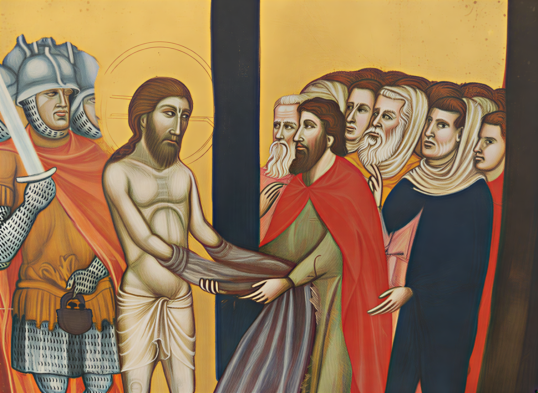 Détail vibrant d'une peinture de la Renaissance illustrant la Passion du Christ, mettant en avant des personnages expressifs et des éléments narratifs riches, symbolisant le sacrifice et la foi.