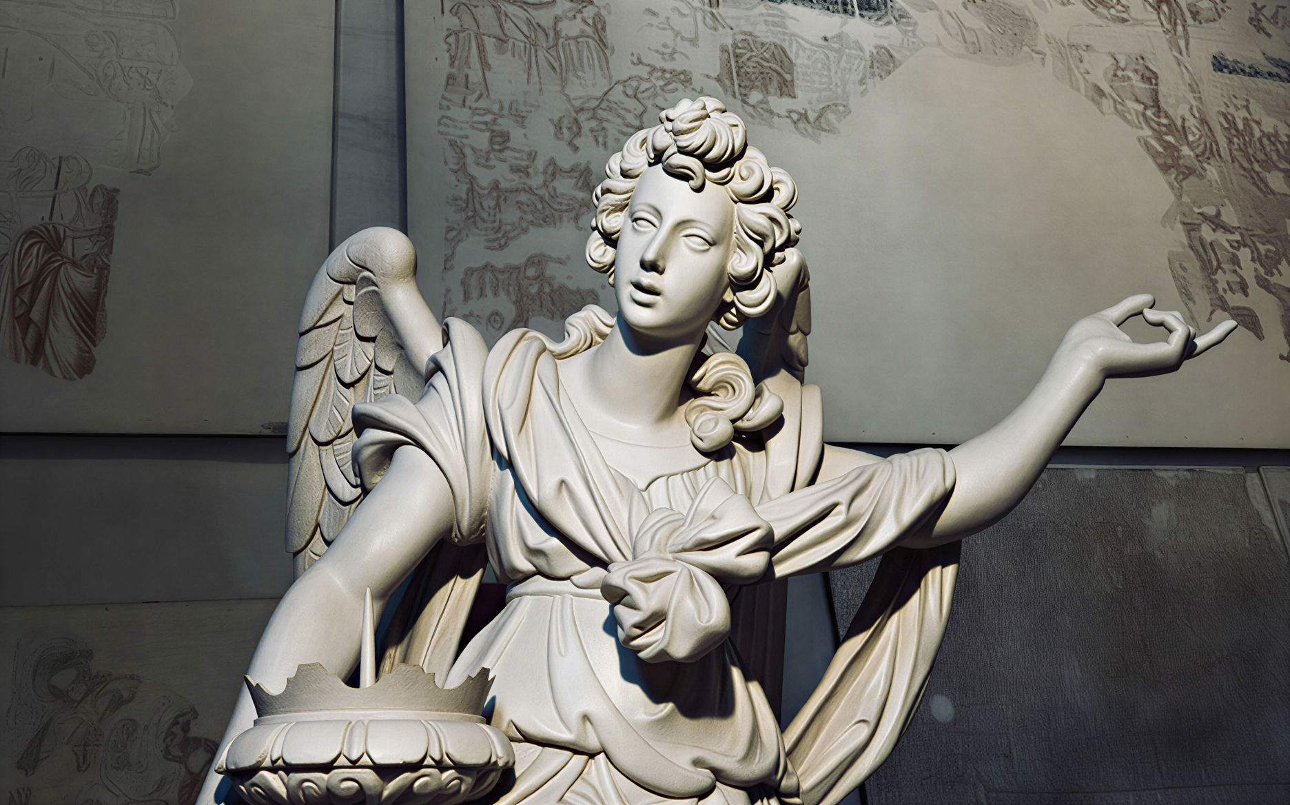 Sculpture d'un ange en pierre, exposée au Museo dell'Opera del Duomo à Pise, illustrant l'art de la Renaissance italienne et la spiritualité.