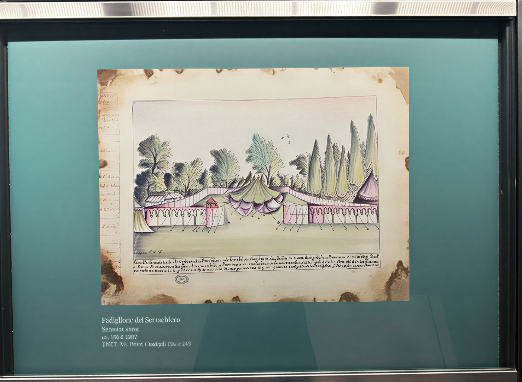 Illustration colorée d'une tente historique du Seraskier, représentant l'architecture et les traditions culturelles de la Toscane entre 1664 et 1687.