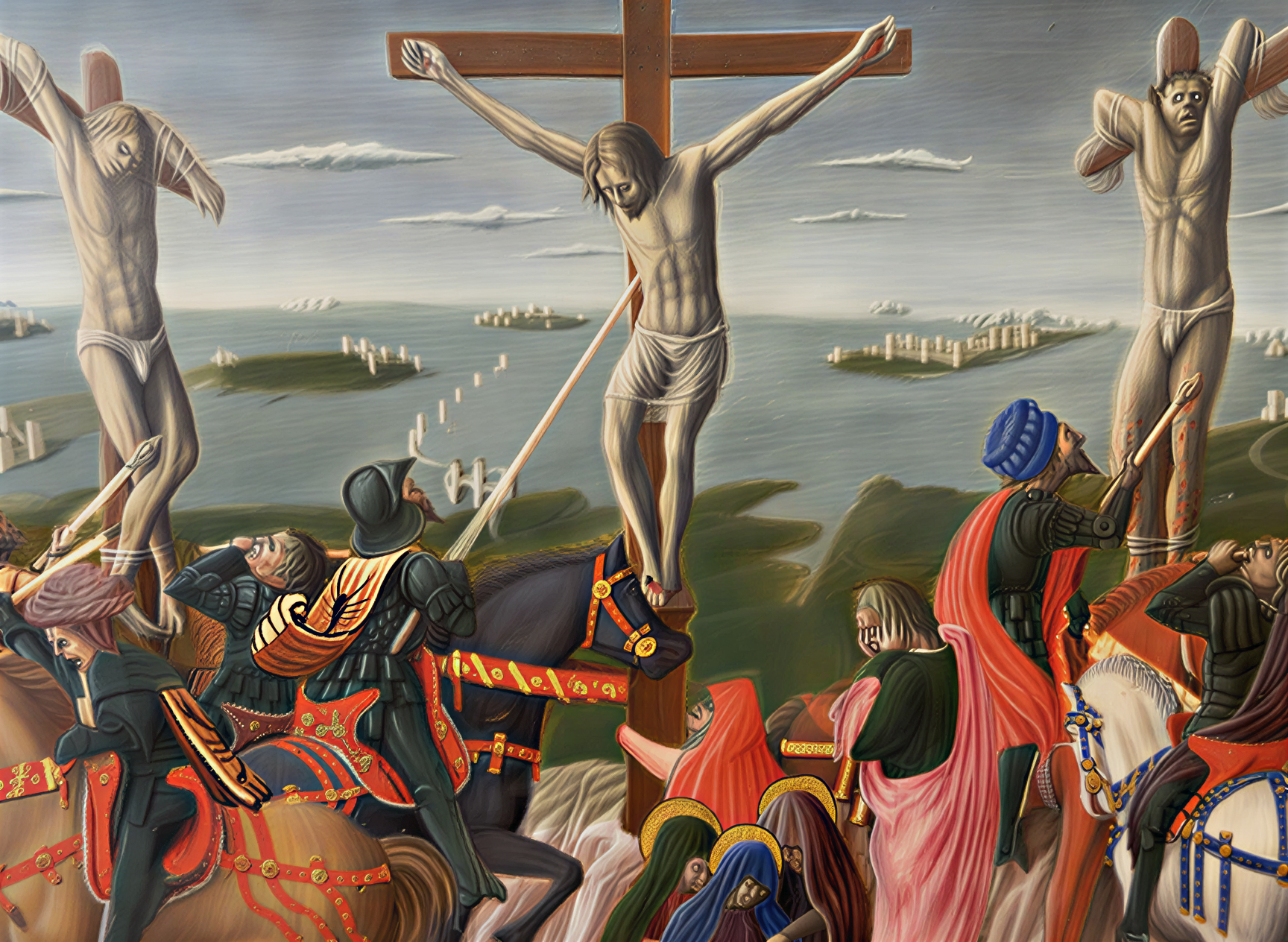 Peinture de la Crucifixion représentant des figures en costumes médiévaux dans un paysage ombrien, exposée à la Galleria Nazionale dell'Umbria.
