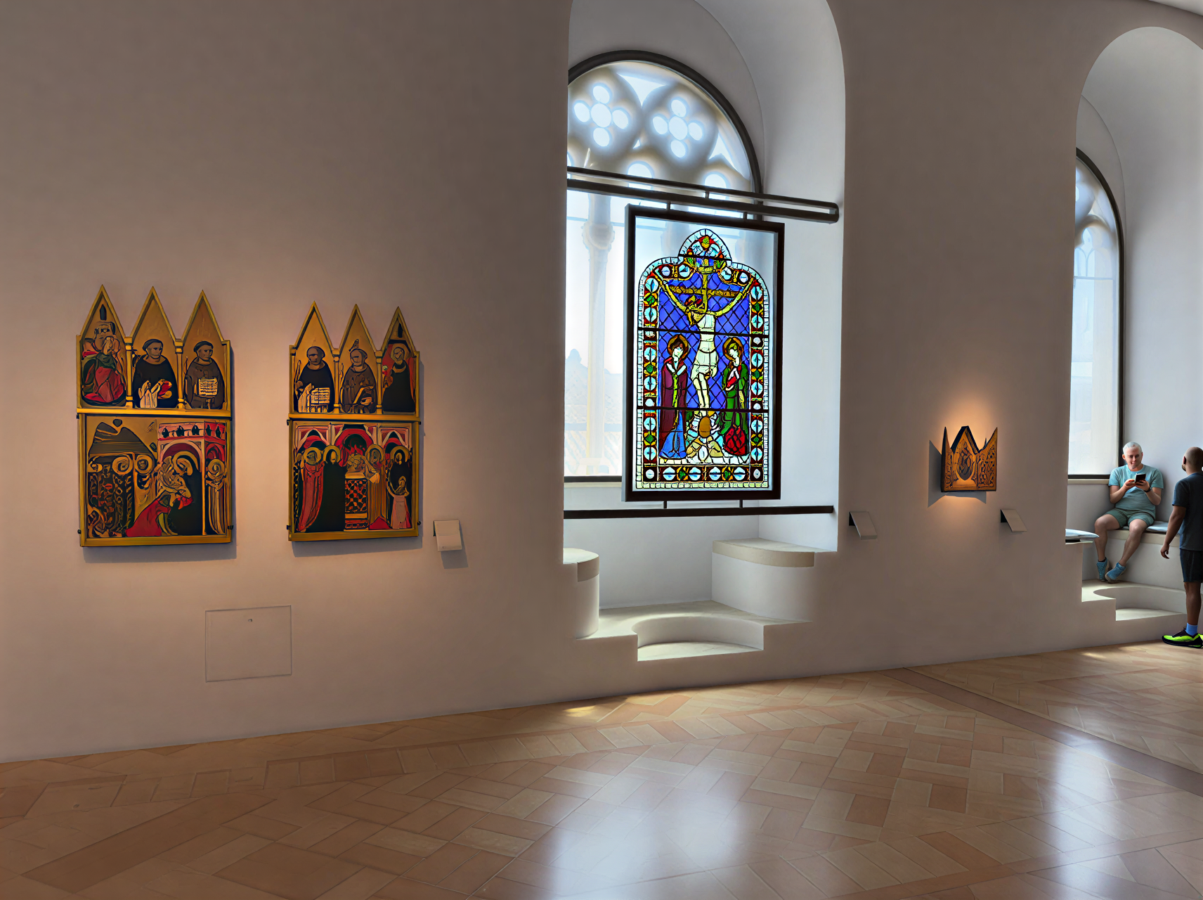 Intérieur de la Galleria Nazionale dell'Umbria, mettant en avant des panneaux sculptés et un vitrail coloré, avec des visiteurs admirant l'art et s'immergeant dans l'héritage de la Renaissance italienne.