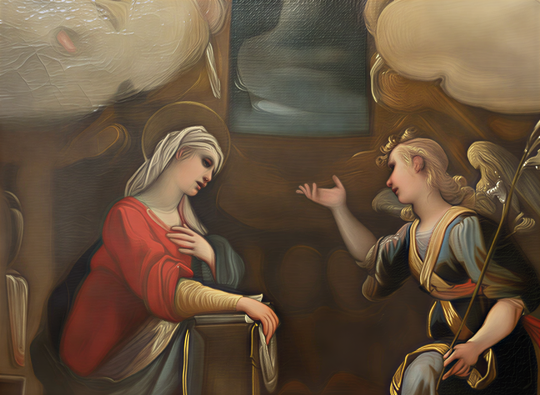 Peinture représentant la Vierge Marie en conversation avec un ange, illustrant un moment de révélation divine dans un style baroque.