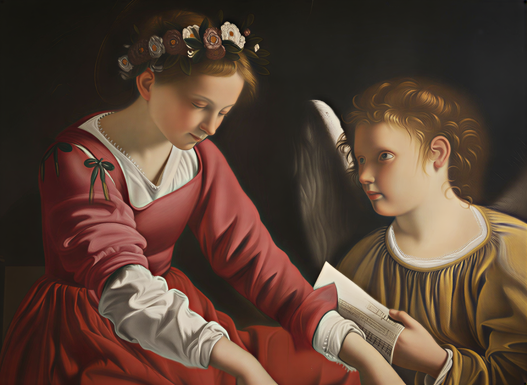 Peinture représentant une jeune femme en robe rouge et un ange, discutant avec un air de complicité, dans un style renaissance.