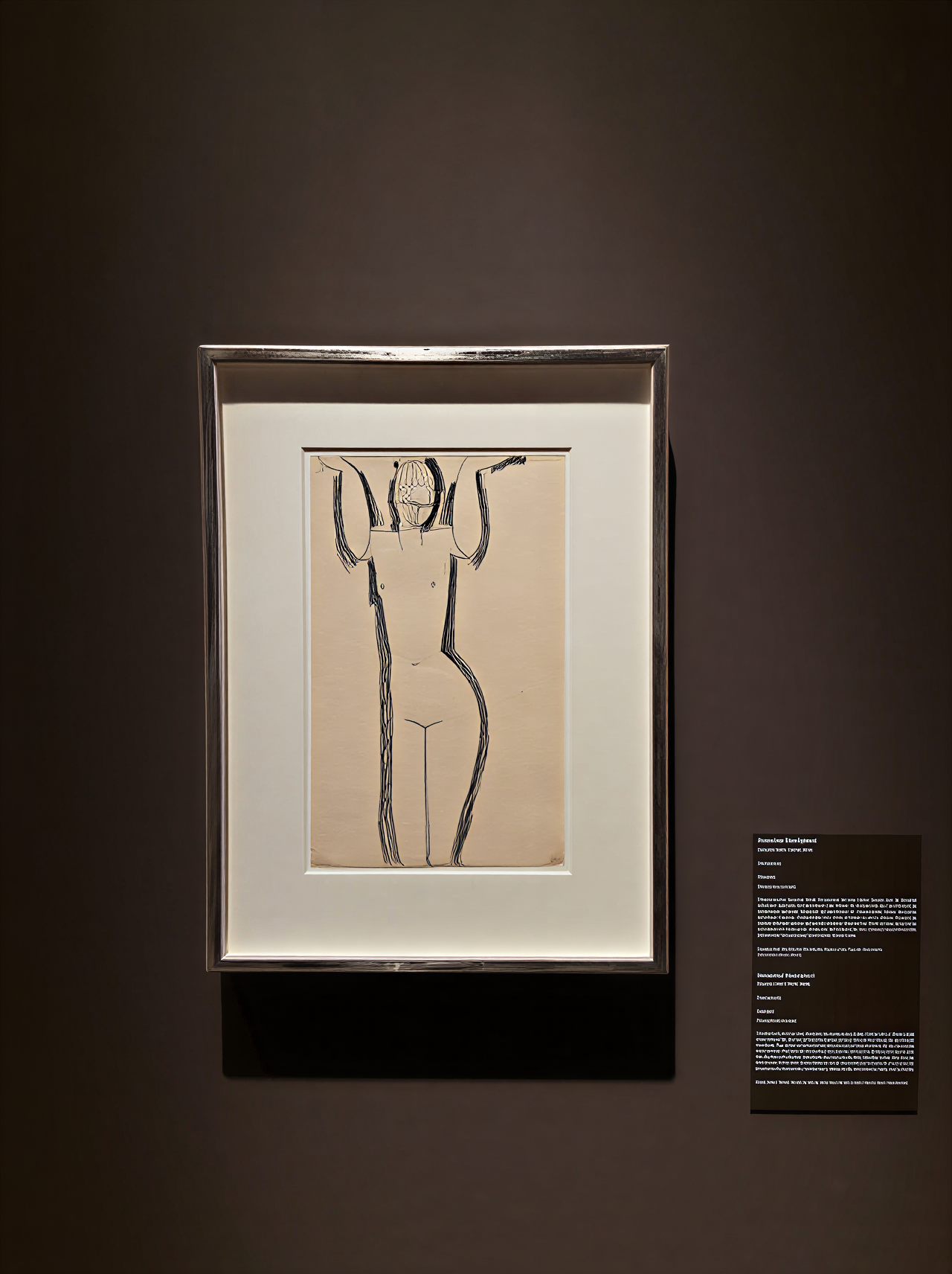 Dessin minimaliste d'Arnaldo Mikajiliani représentant une silhouette humaine, illustrant la sensualité et la fluidité, exposé à la Galleria Nazionale dell'Umbria, Pérouse, Italie.