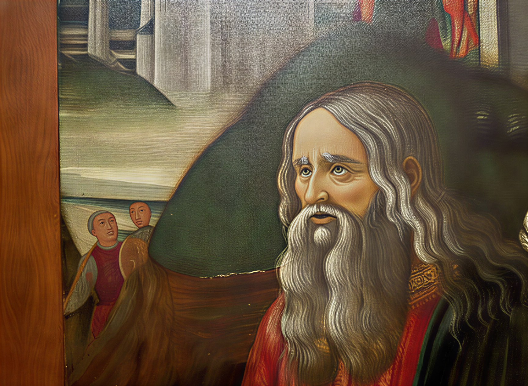 Détail d'une œuvre de la Renaissance montrant un personnage vénérable avec une expression profonde, entouré de figures historiques.