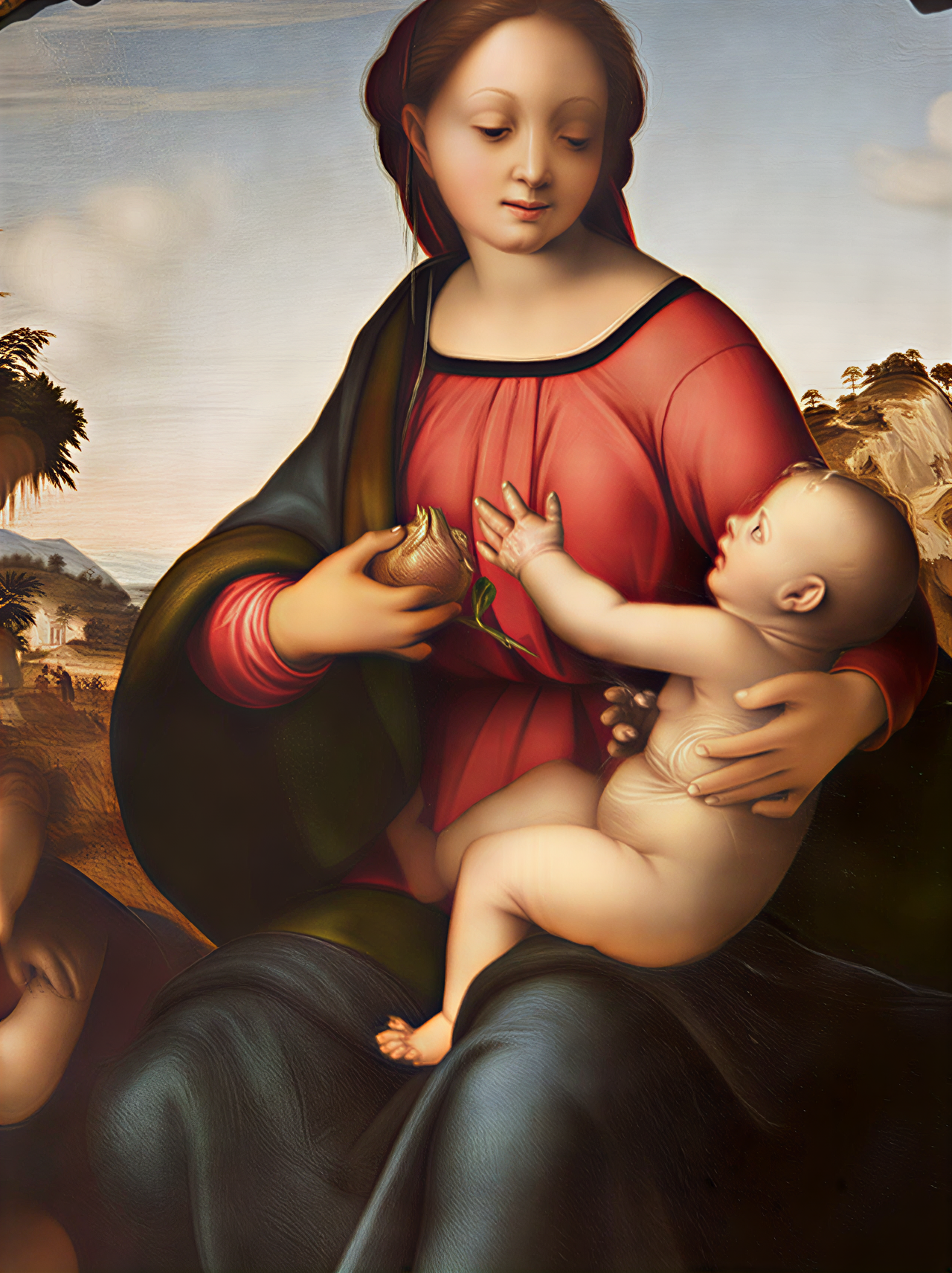 Peinture de la Madone avec l'Enfant Jésus, illustrant la tendresse et la spiritualité de la Renaissance.