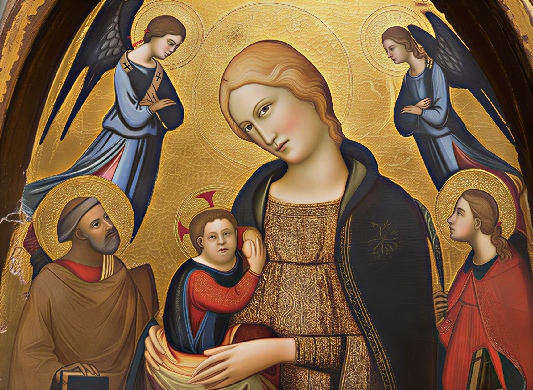 Peinture de la Vierge à l'Enfant entourée d'anges, représentant la Renaissance italienne.