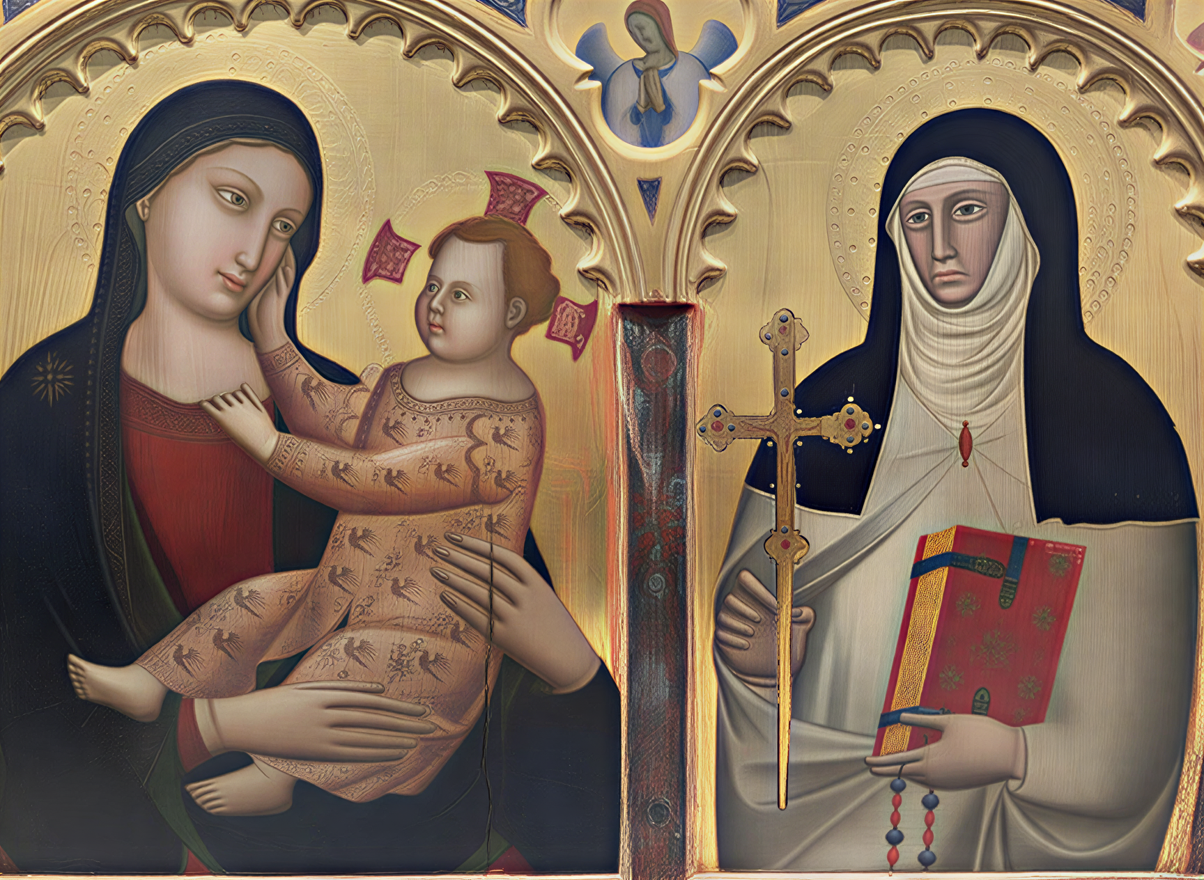 Peinture représentant la Vierge Marie et l'Enfant Jésus avec Sainte Élisabeth, illustrant la tendresse et la spiritualité de la Renaissance italienne.