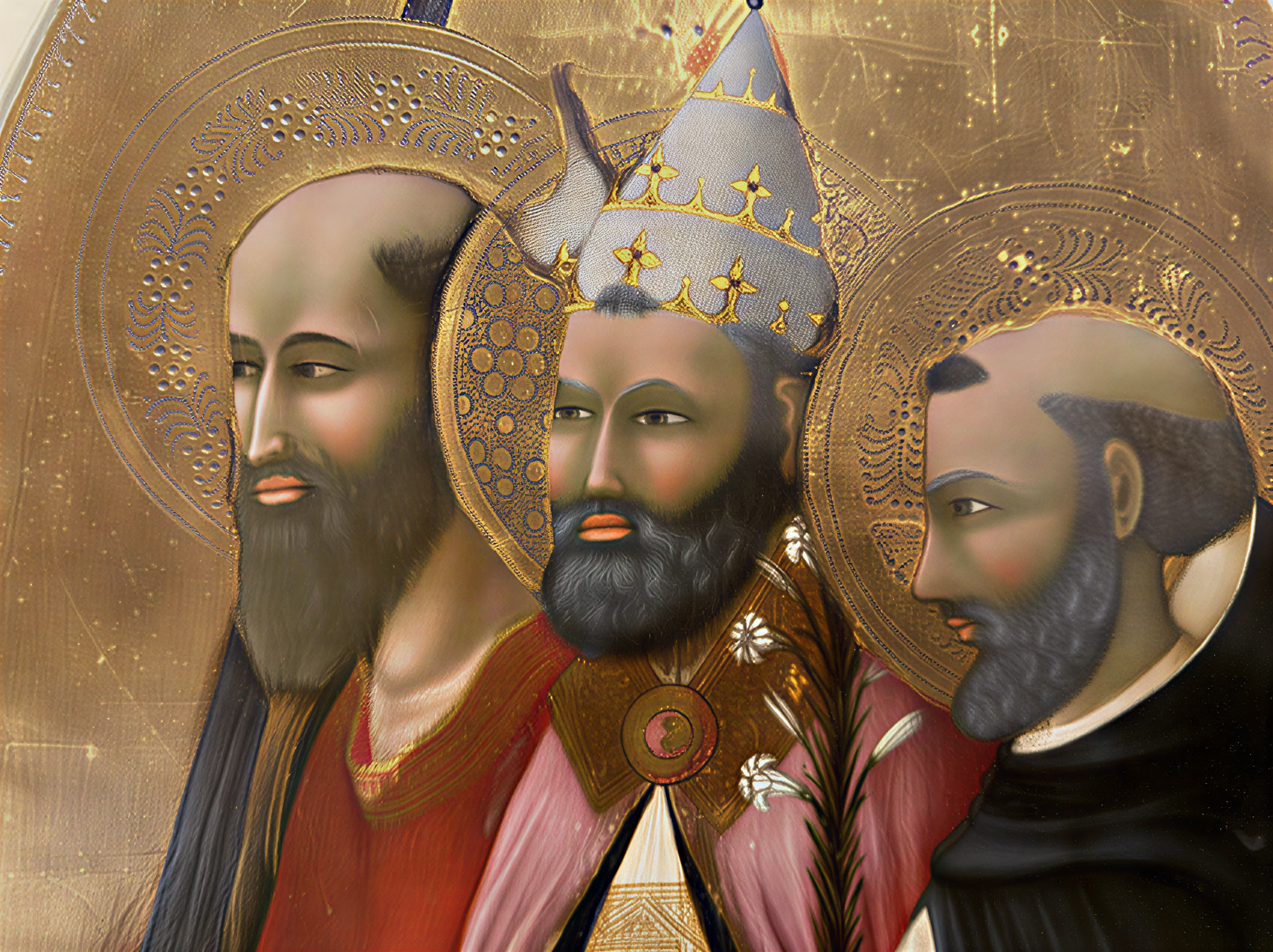 Détail d'une peinture de la Renaissance montrant des saints avec des halos dorés, exposée à la Galleria dell'Accademia à Florence.