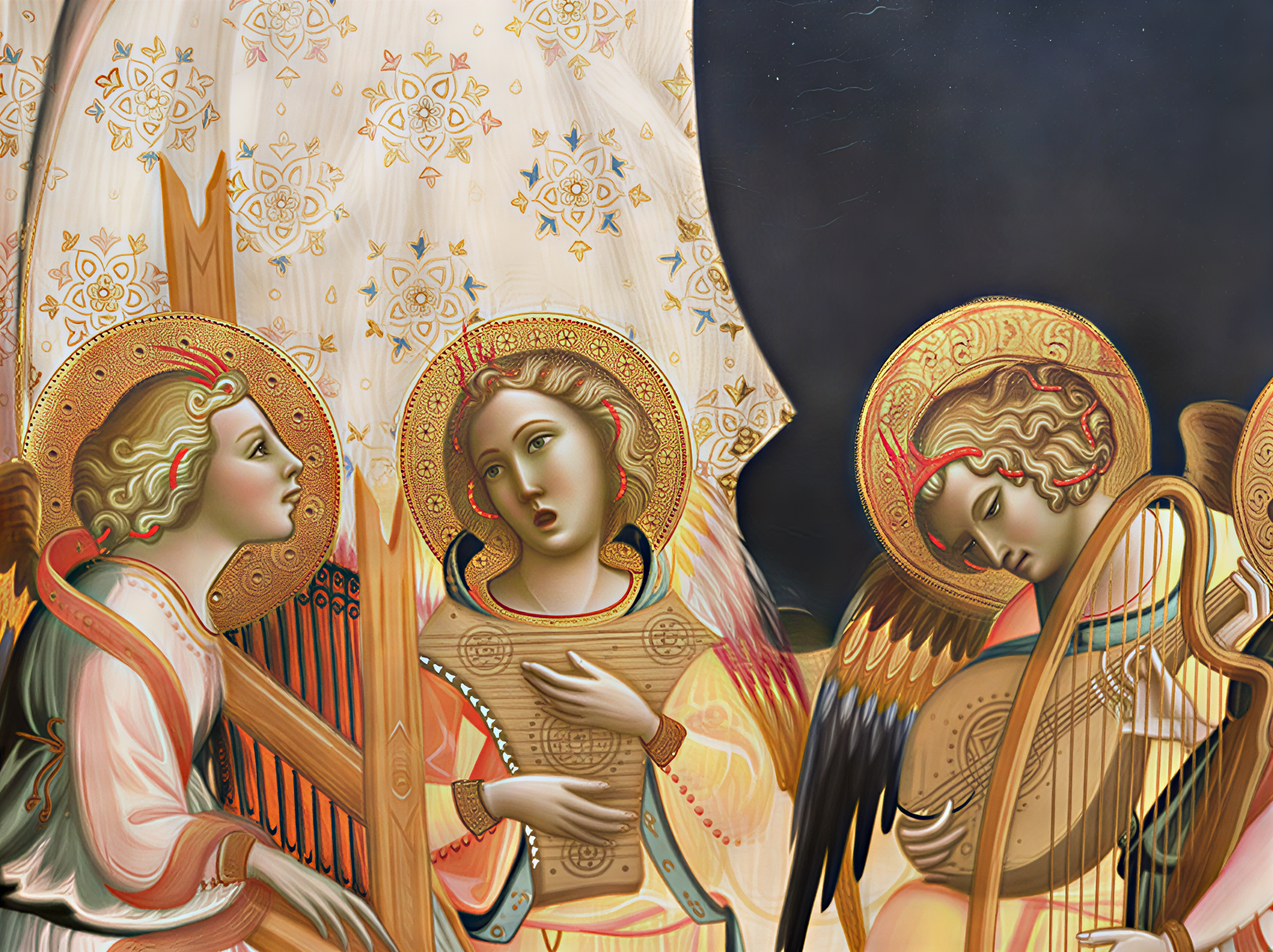 Détail d'une œuvre de la Renaissance représentant des anges musiciens, illustrant la fusion de l'art et de la spiritualité.