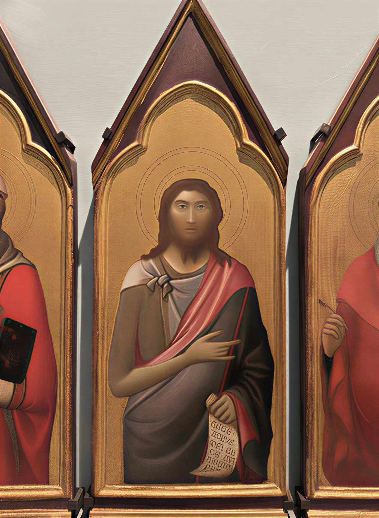 Détail d'une œuvre Renaissance montrant le Christ entouré de saints, avec un fond doré, à la Galleria dell'Accademia à Florence.