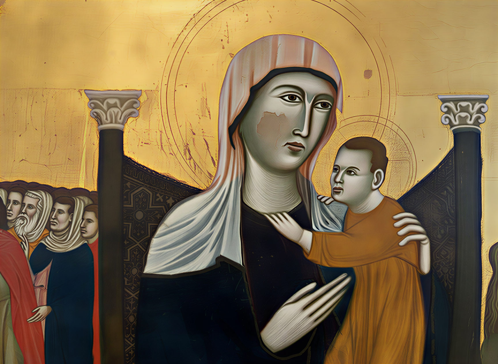 Détail d'une peinture de la Vierge et de l'Enfant, emblématique de la Renaissance italienne, exposée à la Galleria Nazionale dell'Umbria, illustrant la tendresse et la spiritualité de l'époque.