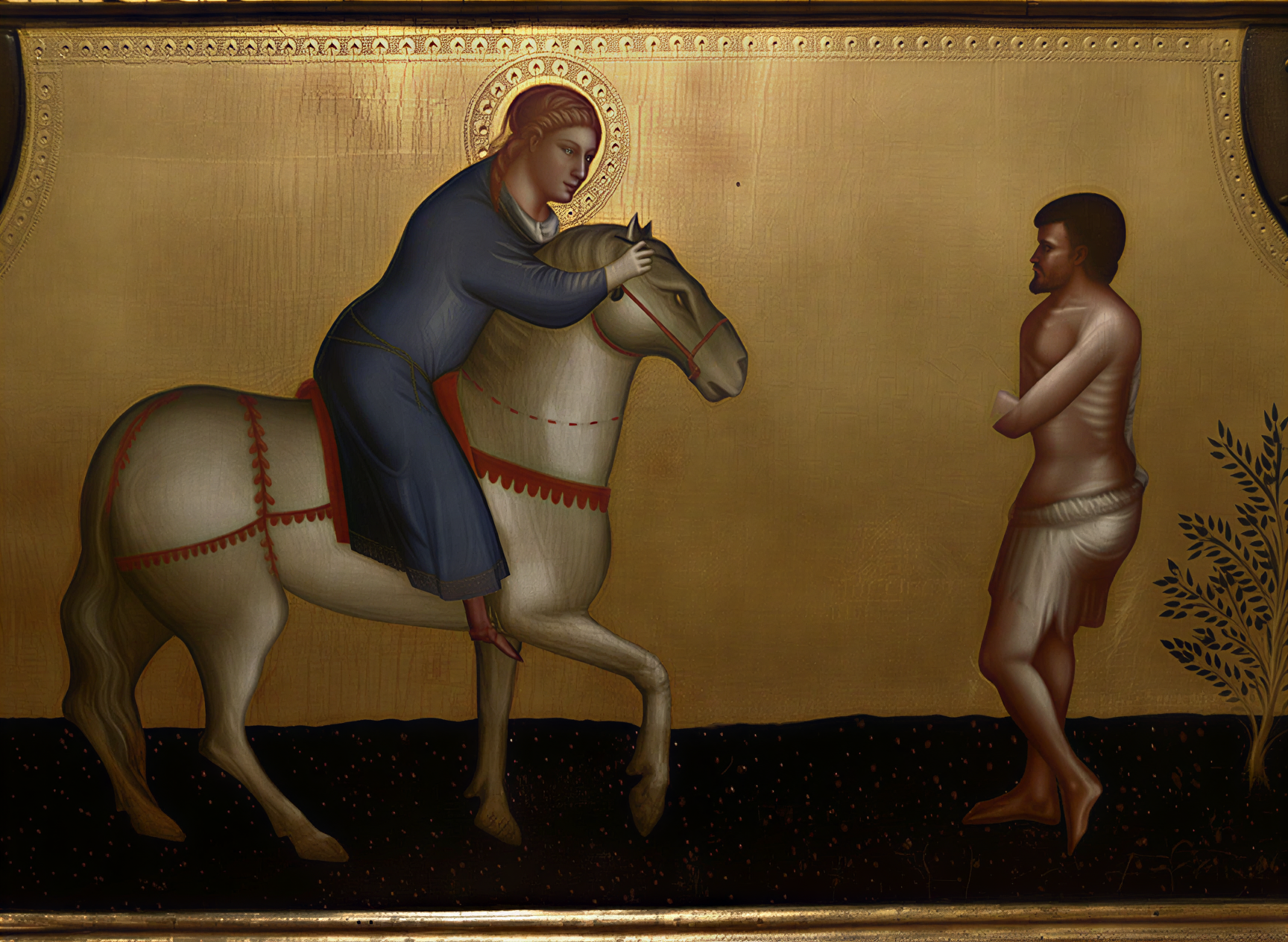 Peinture de la Renaissance représentant une figure équestre sacrée rencontrant un homme nu, symbolisant la connexion entre le divin et l'humain.