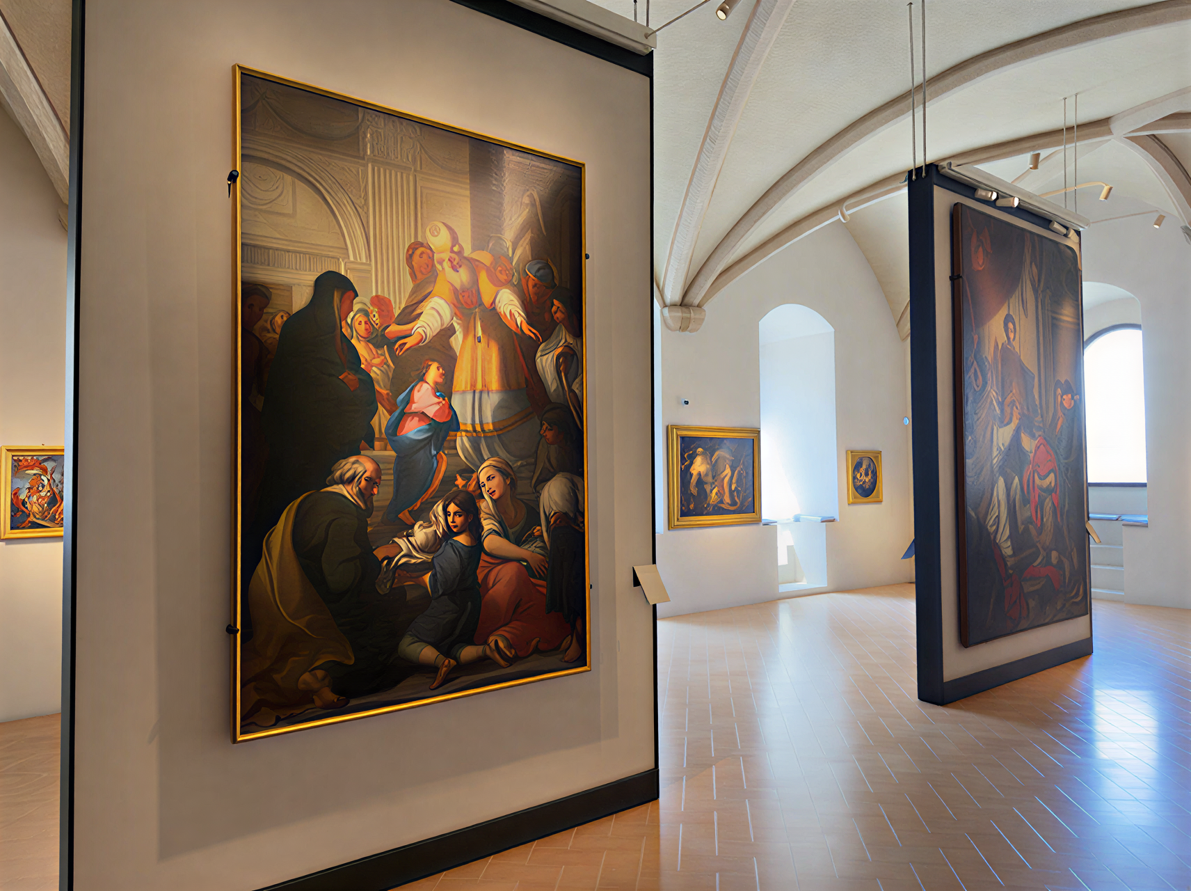 Vue intérieure de la Galleria Nazionale dell'Umbria, présentant des œuvres d'art de la Renaissance italienne avec un éclairage naturel et une architecture historique.