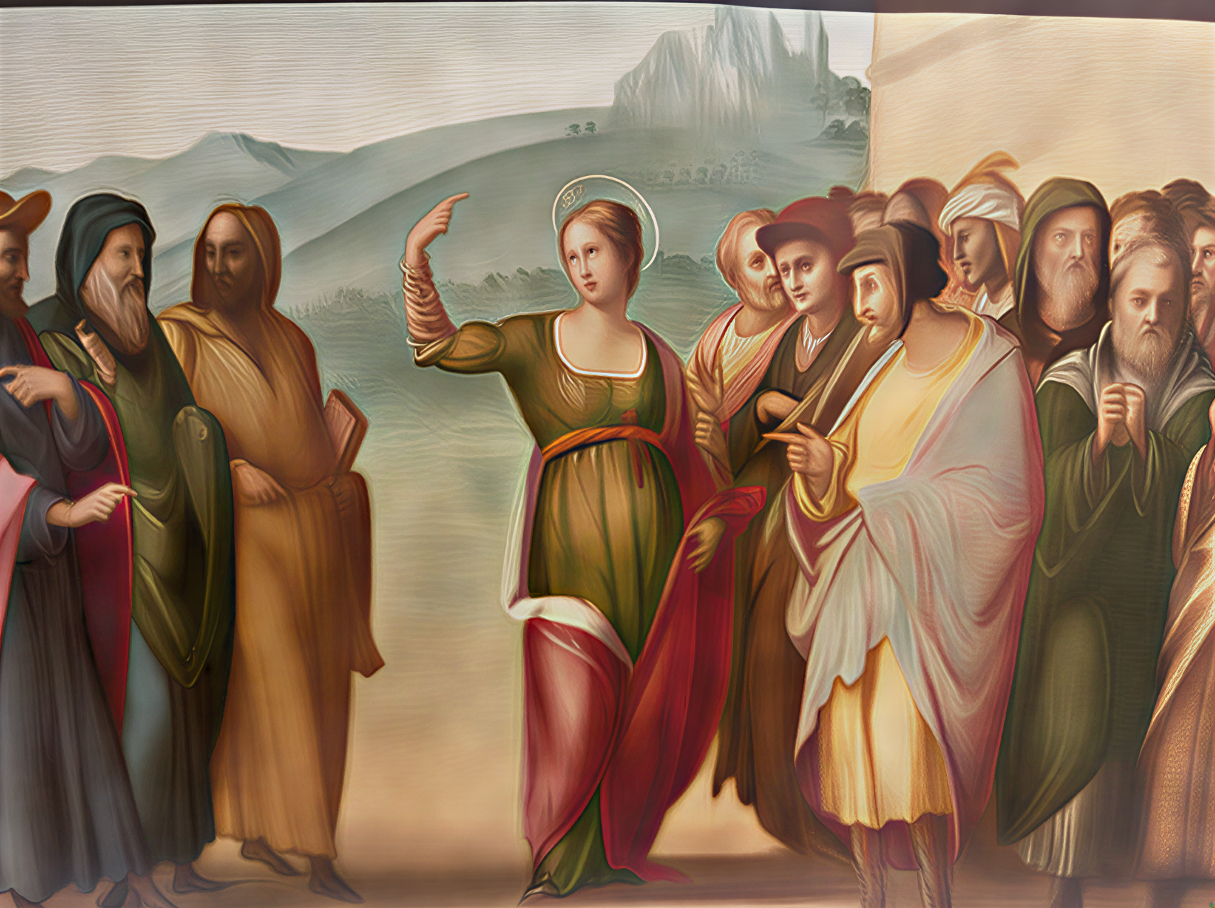 Tableau de la Renaissance représentant une scène d'interaction humaine, mettant en avant des personnages expressifs et une palette de couleurs riche.