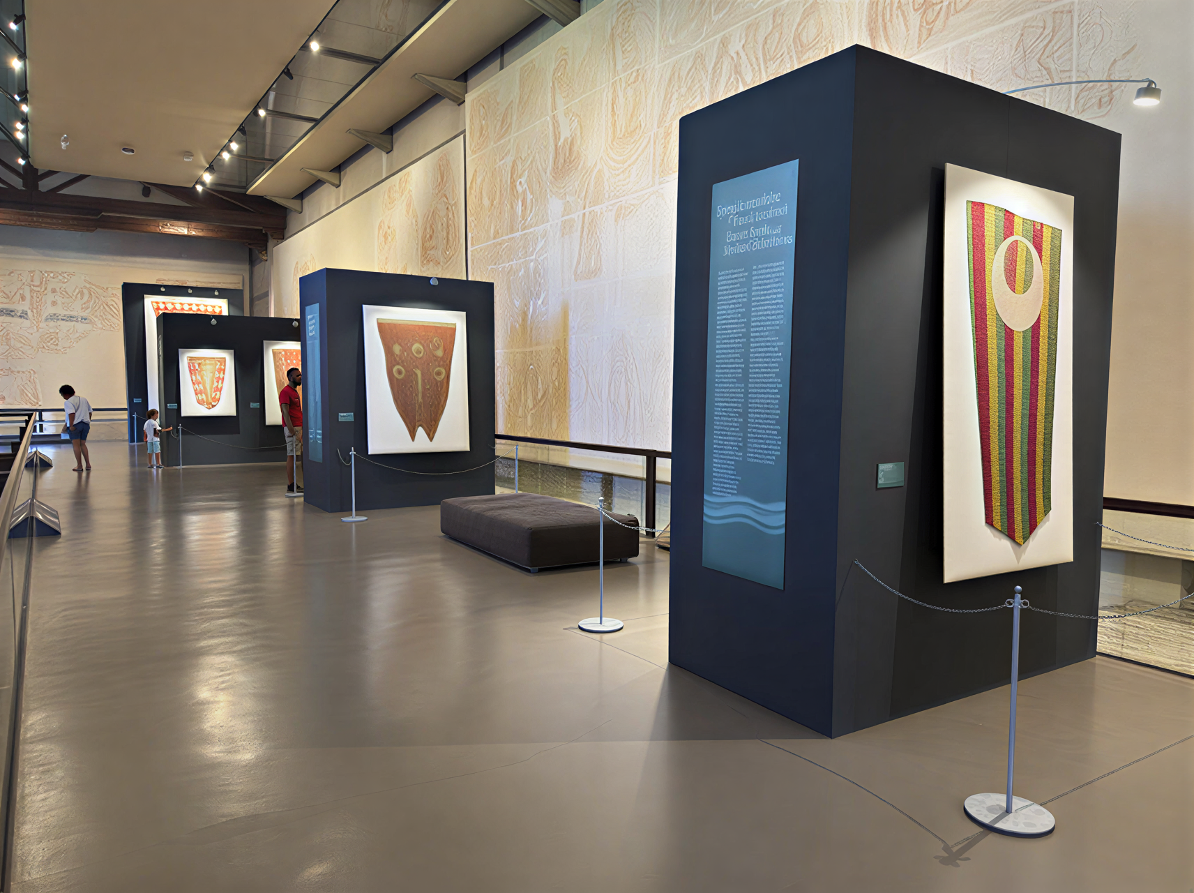 Vue intérieure de l'exposition au Museo dell'Opera del Duomo, présentant des bannières historiques colorées et des œuvres d'art emblématiques dans un cadre riche en histoire.