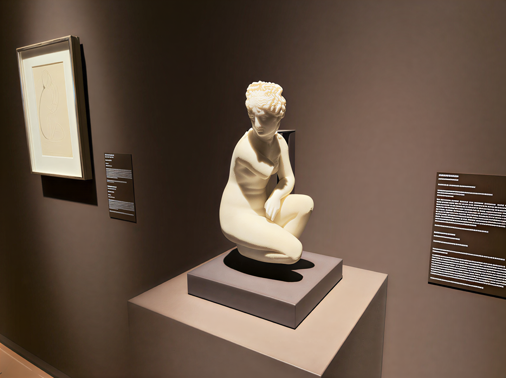 Sculpture en marbre d'une figure humaine en posture méditative, exposée à la Galleria Nazionale dell'Umbria, Pérouse, Italie, illustrant la beauté et la vulnérabilité de l'esprit humain.