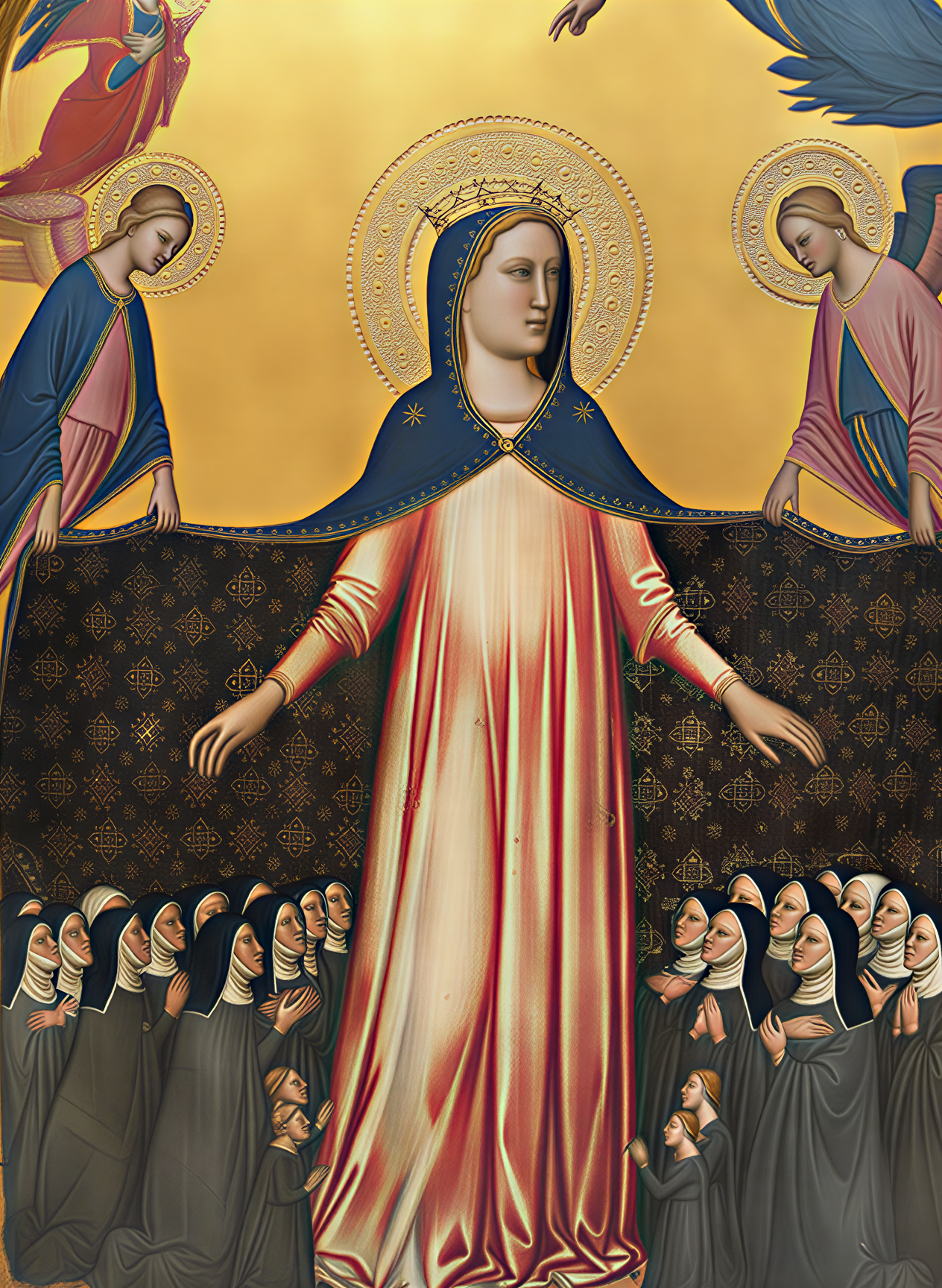 Peinture de la Vierge Marie entourée de saints, illustrant l'art de la Renaissance avec dorures et détails expressifs.