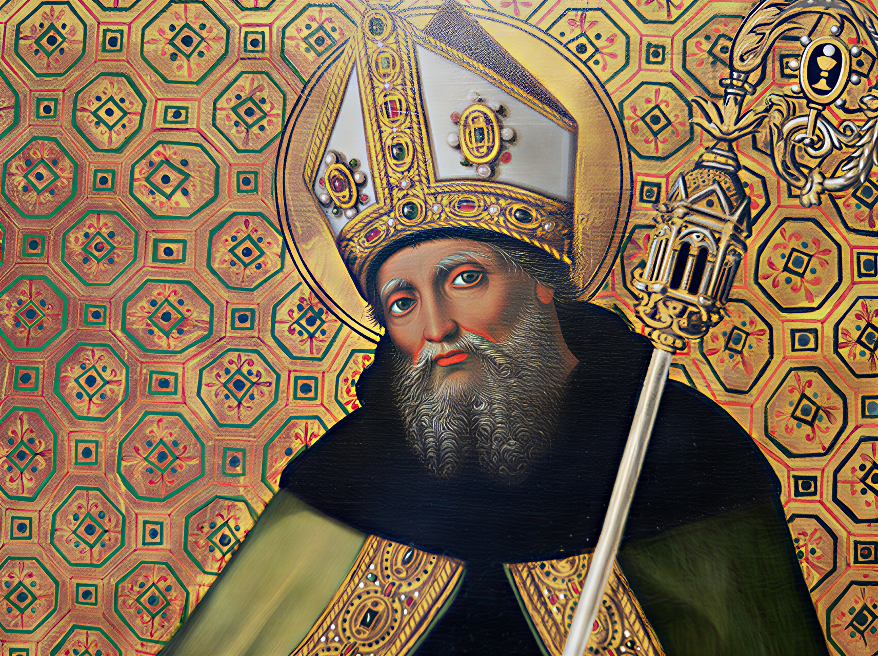 Portrait d'un saint avec un fond doré et géométrique, mettant en avant l'art de la Renaissance italienne.