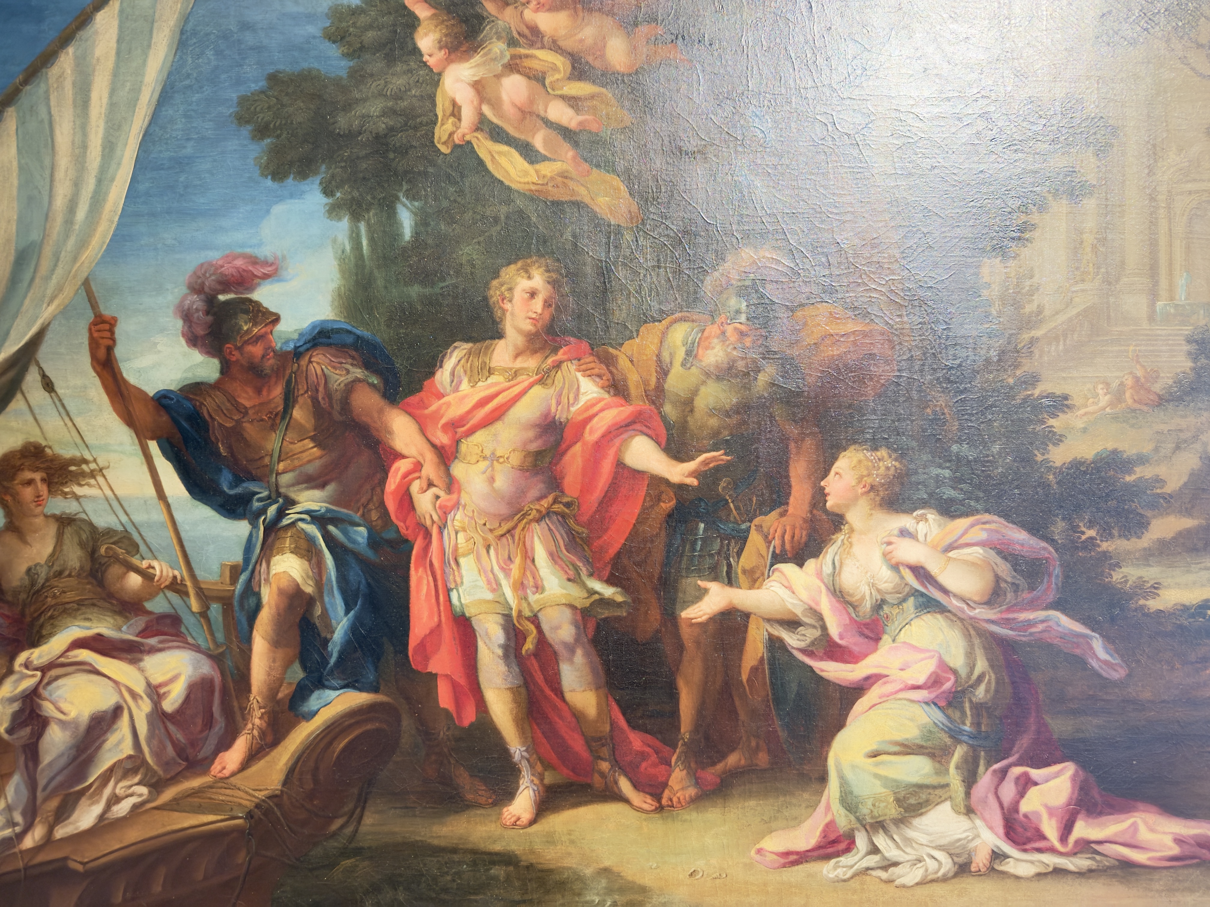 Peinture baroque représentant des figures mythologiques en interaction, illustrant des émotions intenses dans un cadre historique.