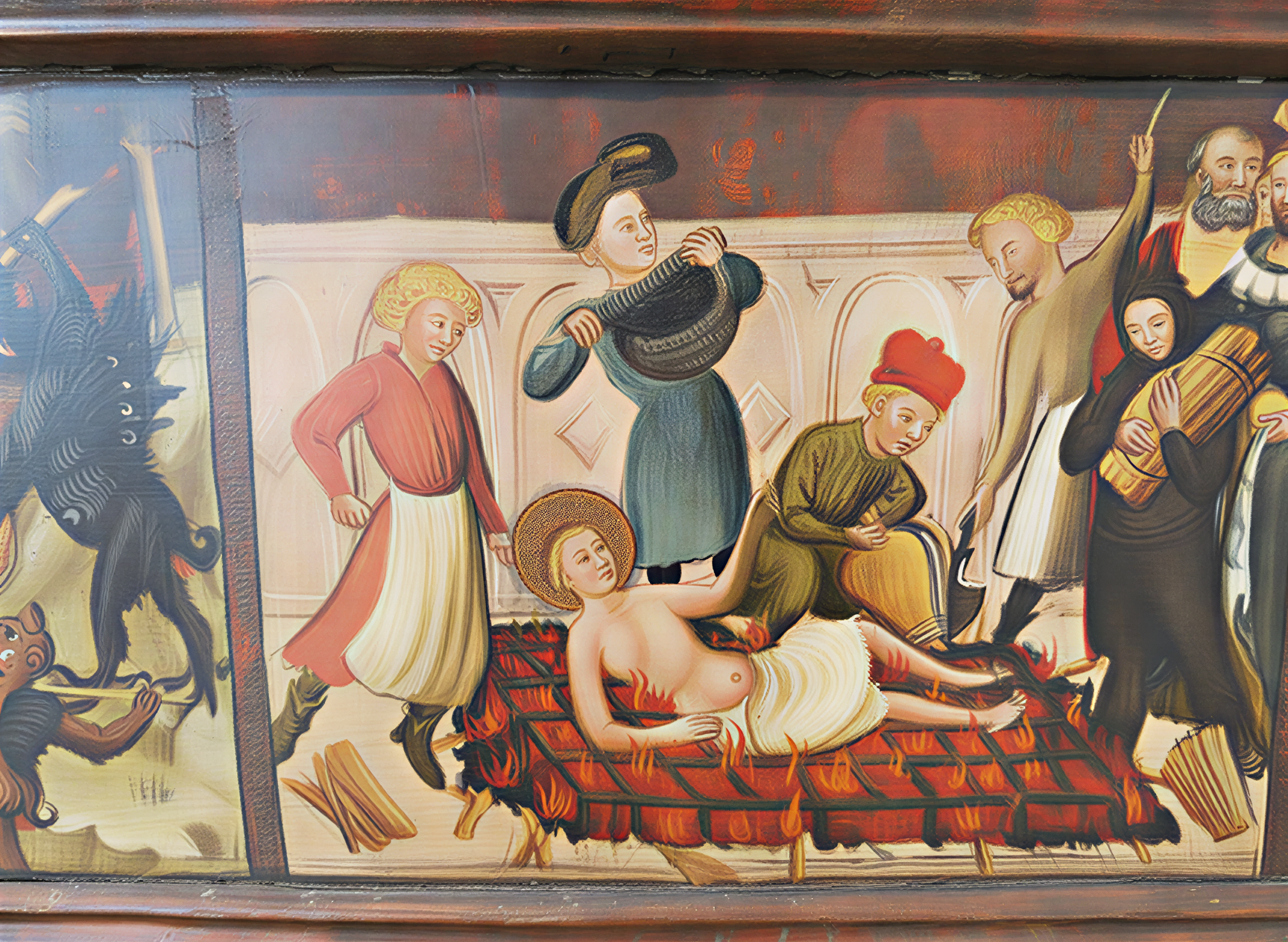 Détail d'une peinture de la Renaissance représentant une scène de martyr, avec des personnages en action, dans un style vibrant et expressif.