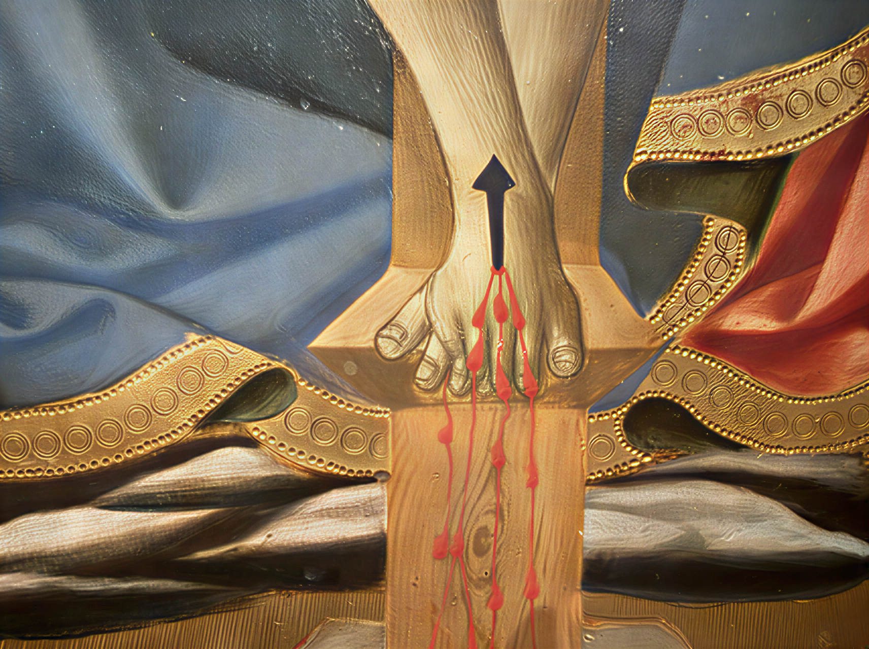 Détail d'une œuvre de la Renaissance représentant un sacrifice, mettant en lumière la souffrance avec des gouttes de sang, exposé à la Galleria dell'Accademia à Florence.