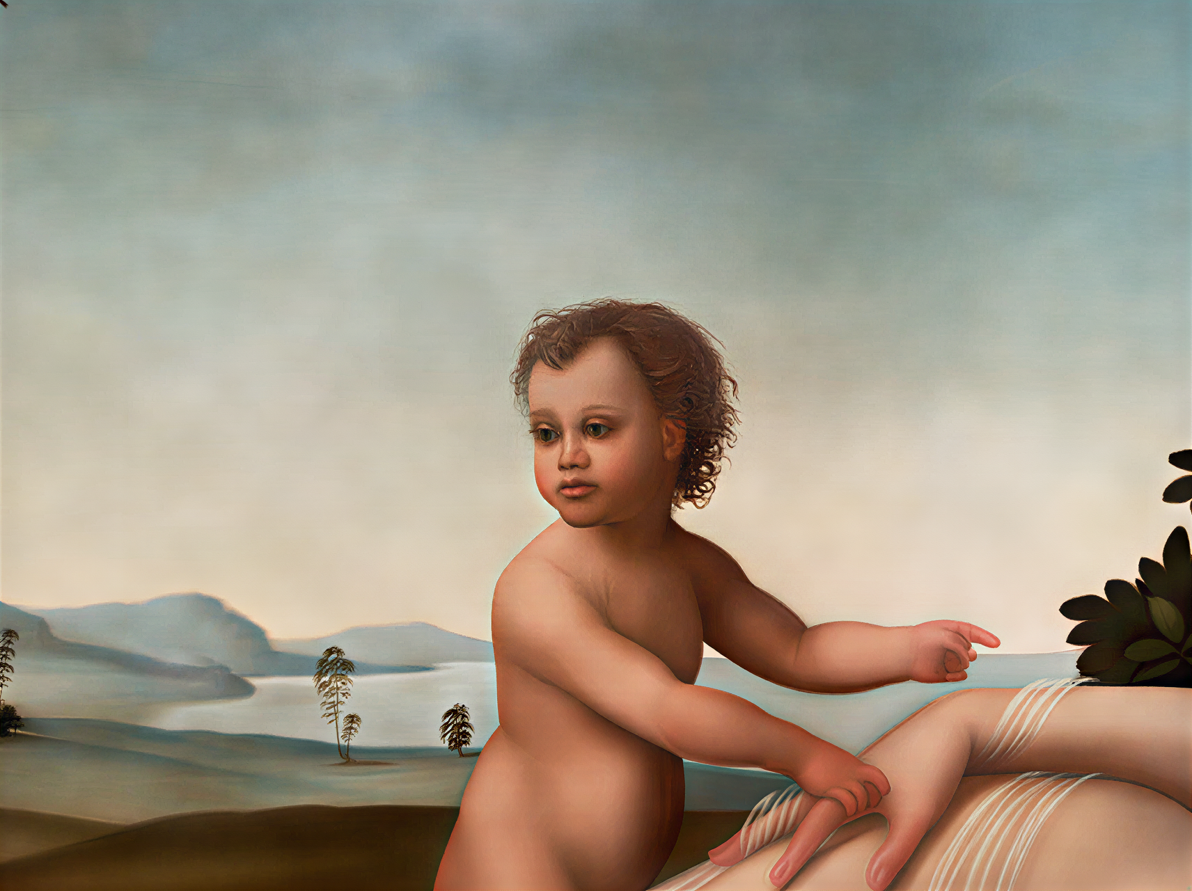 Peinture Renaissance représentant un enfant dans un paysage ombrien, symbolisant l'harmonie entre l'enfance et la nature, et illustrant la beauté intemporelle de la vie.