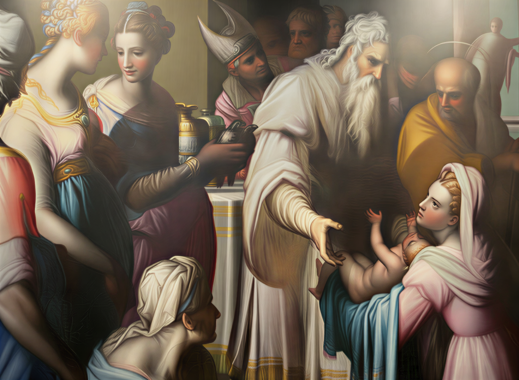 Tableau de la Renaissance italienne représentant une scène d'offrande, mettant en avant des personnages en costumes historiques dans une ambiance riche et spirituelle.