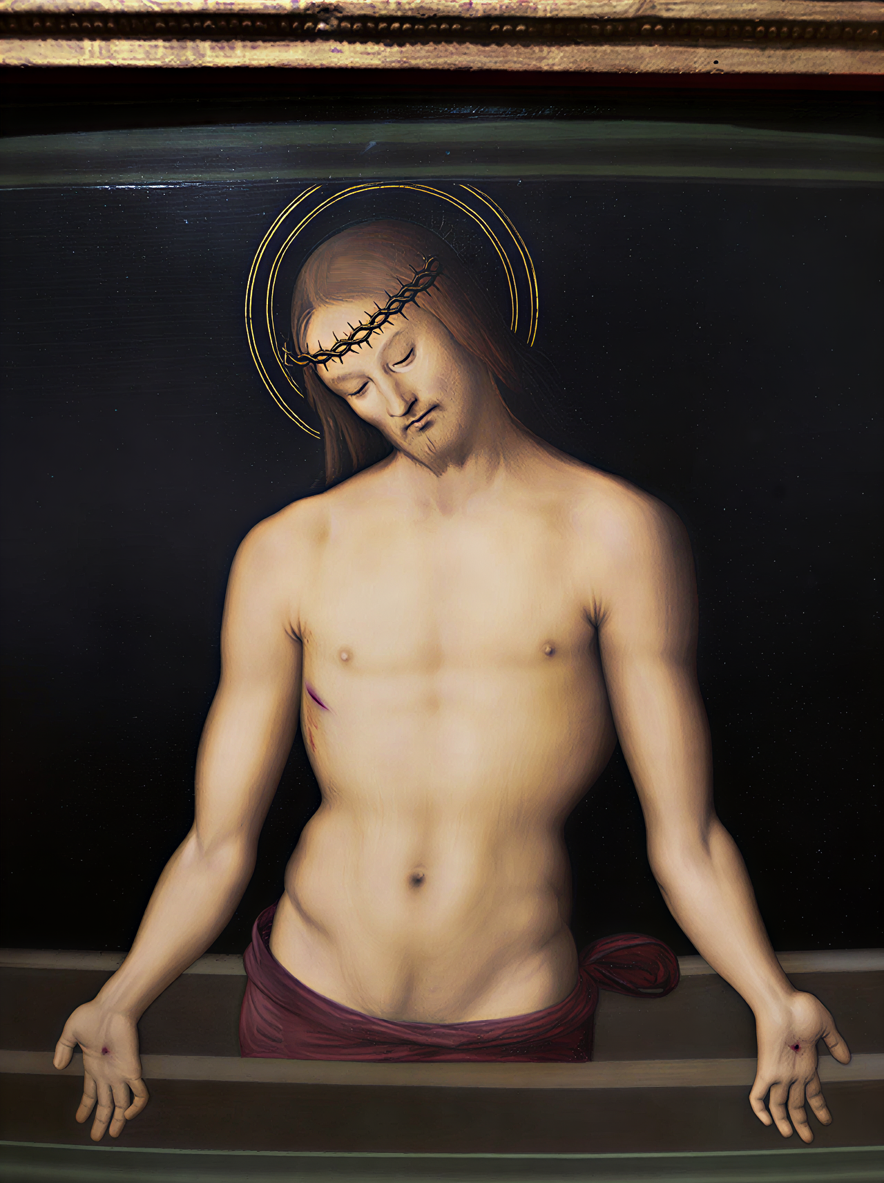 Peinture représentant le Christ couronné d'épines, symbole de souffrance et de compassion, exposée à la Galleria Nazionale dell'Umbria à Pérouse, Italie.
