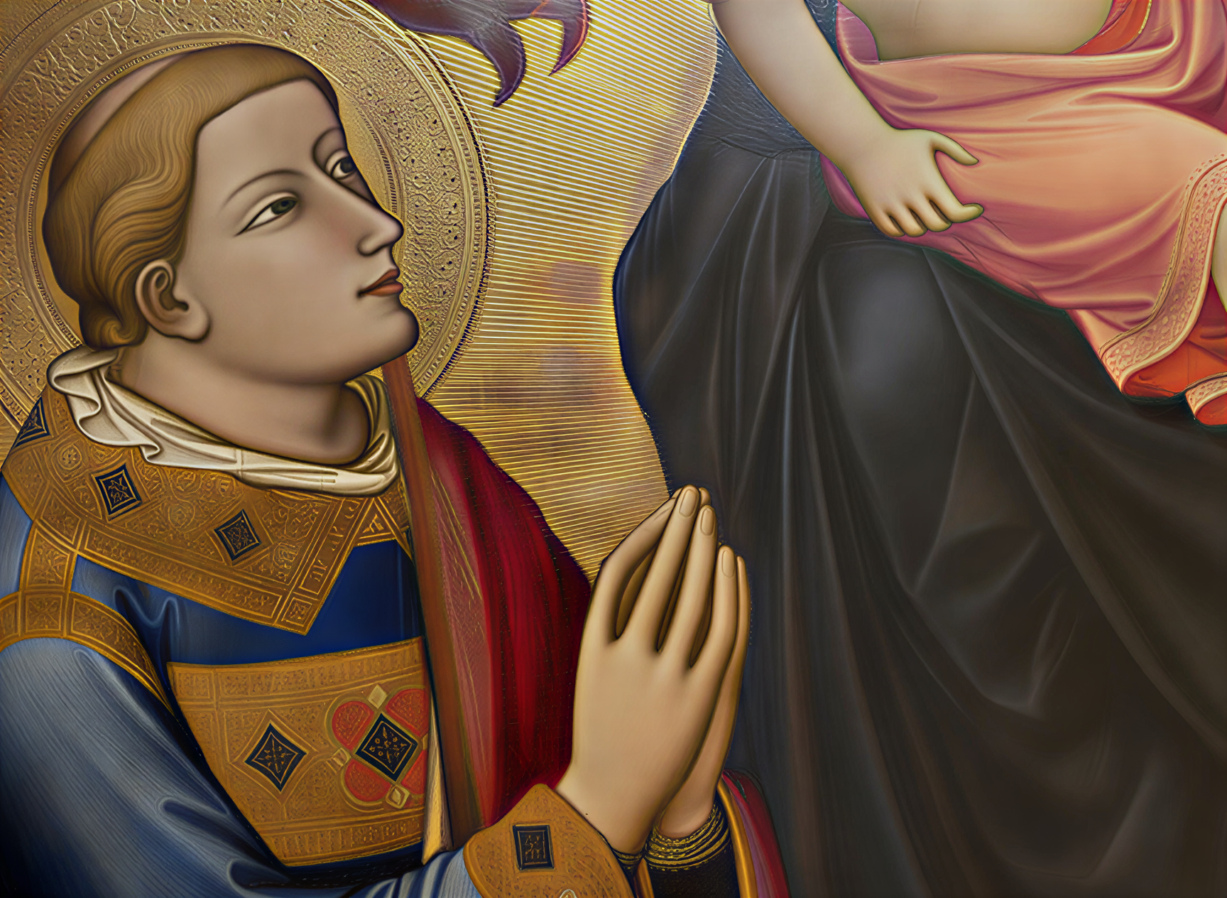 Détail d'une peinture représentant un saint en prière, mettant en valeur l'art de la Renaissance à la Galleria dell'Accademia de Florence.