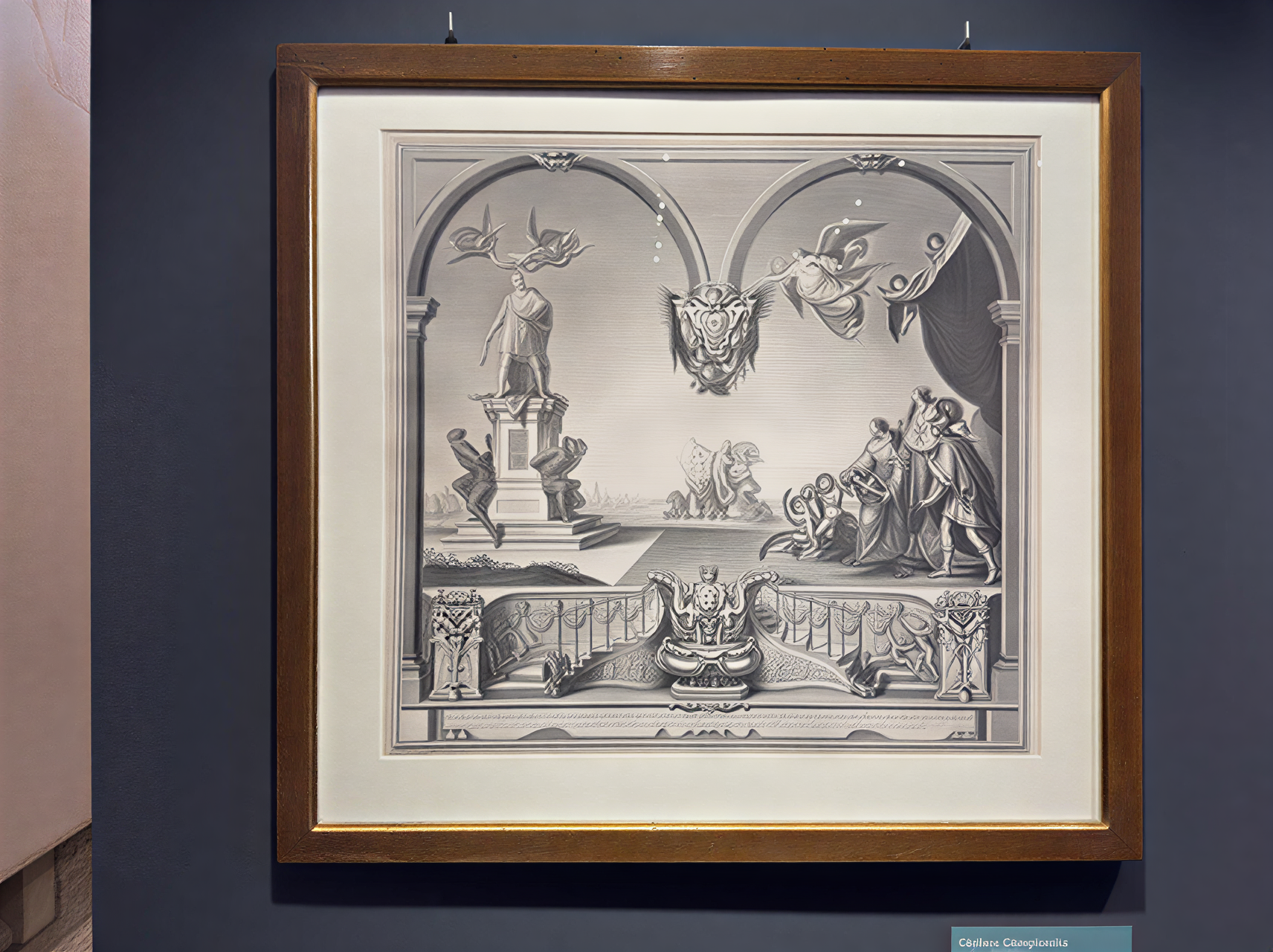 Gravure représentant des figures allégoriques et architecturales, symbole de l'art toscan à l'Opéra de Pise.